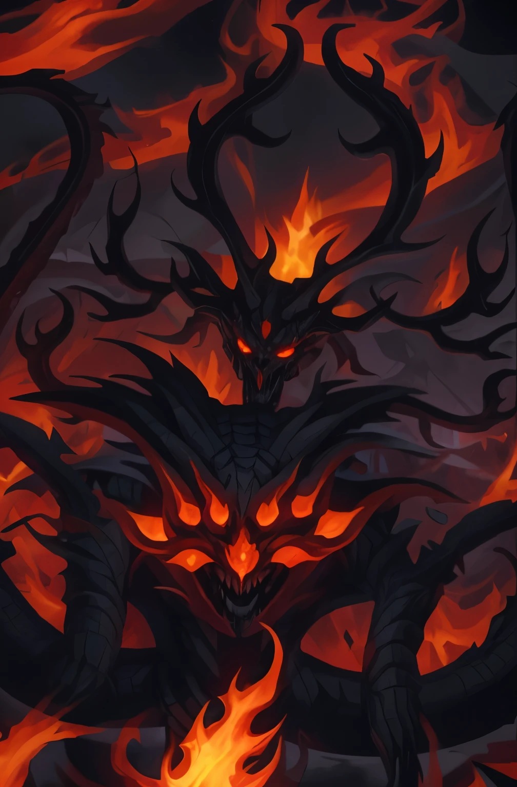 flame burns in the dark with a demonic face, hellfire background, the devil in hell as a dragon, fire demon, hellish background, Ruler of Hell, infernal enigma, Infernal art in good quality, Demonic creature, satan in hell, Hellfire, demoness, engulfed in swirling flames, ruler of the demons, The King of Hell, demonic monster