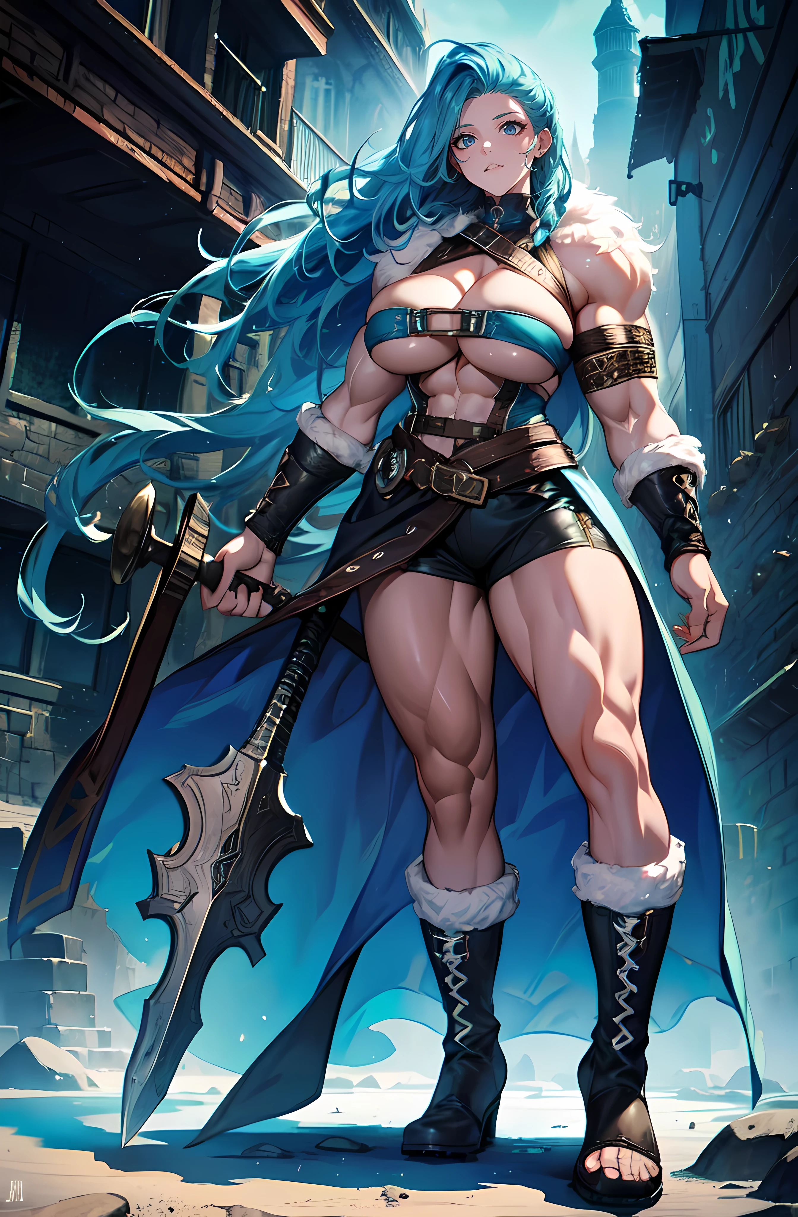 solo Female viking, aqua green eyes, (young:1.2), (((Huge breasts:1.2))), ((((Muscular Legs)))), (((((Massive Female Bodybuilder))))), (((((Huge Muscles))))), wearing brown furs and hides, (wearing furs:1.3) (blue norse tattoos:1.2), blue eyes, platinum blonde hair, (Dreadlocks:1.7), (Dreads:1.4), (Sideshave:1.6), warrior hair, Setting is a Scandinavian forest in winter, snow, bare arms, exposed naval, (abs:1.2). Highly detailed, norse, berserker, leather straps, (large breasts:1.3), waist up, wide waist, stocky, (tall:1.4)