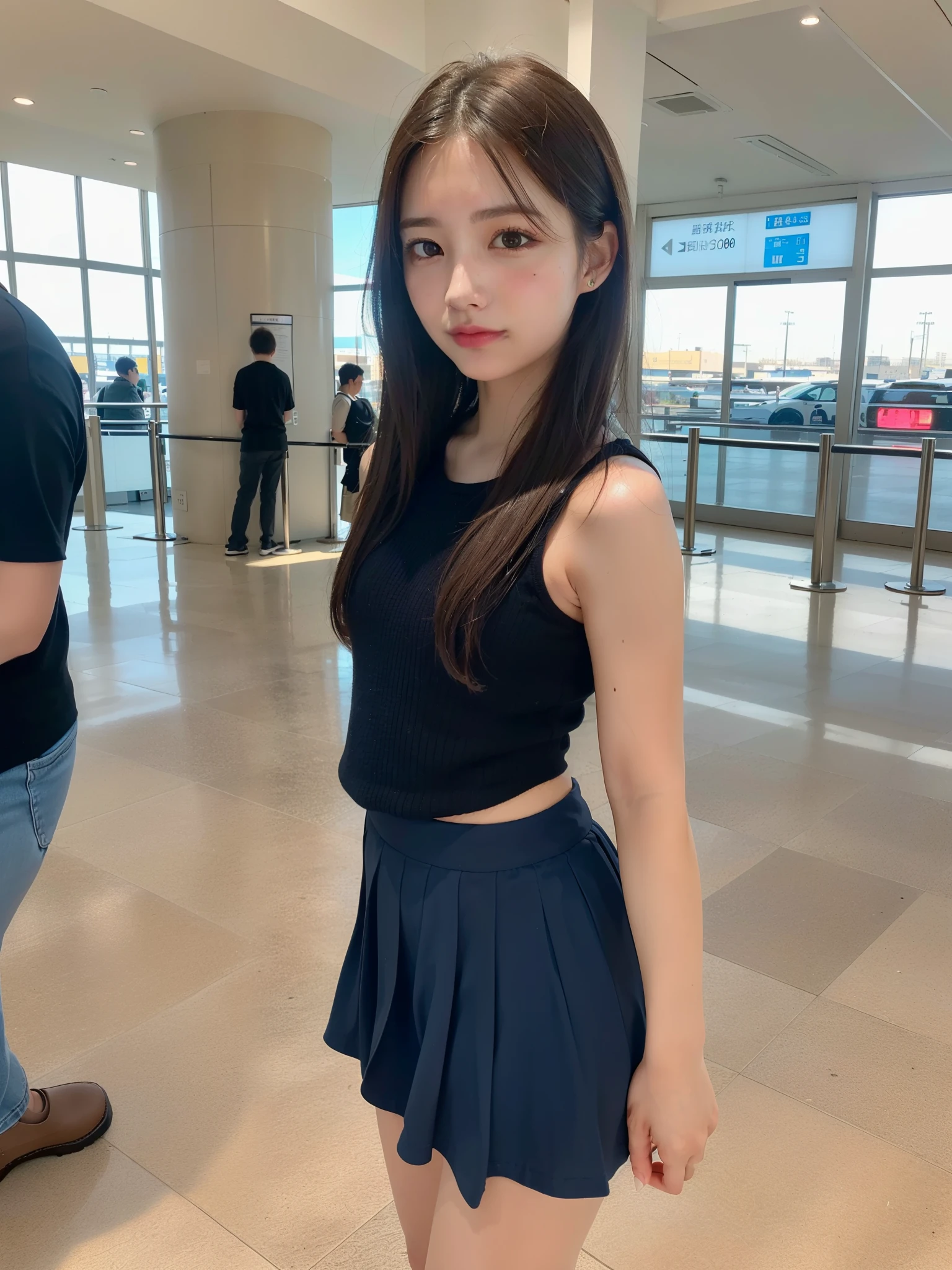 ((Best of the highest quality, 8k, Masterpiece: 1.3, raw photo)), Sharp focus: 1.2, (1 AESPA girl: 1.1), (Solo: 1.18), (realistic, photo-realistic:1.37), face focus, cute face, finely eyes, (Small breasts, flat chest, Thigh: 1.3), short messy hair, updo, (full nude, skirt, from below: 1.2), terminal, airport,