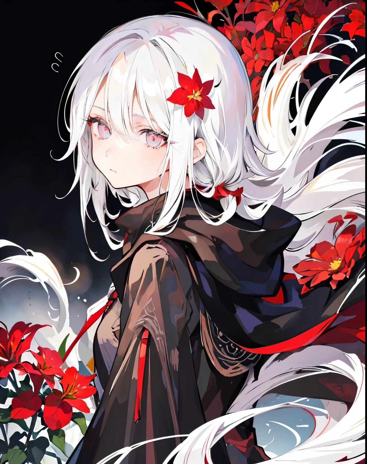 1 girl,One,1 girl,One,((beautiful detailed eyes)), (detailed light),depth of field,(White hair),Silver eyes,Hair over one eye,(red flower ), hair flower,long hair,black cloak,wet,emotionless,Looking back,night,Starfall,rain,fog,red flowers falling,Sketch,Upper body,intense shadows,,