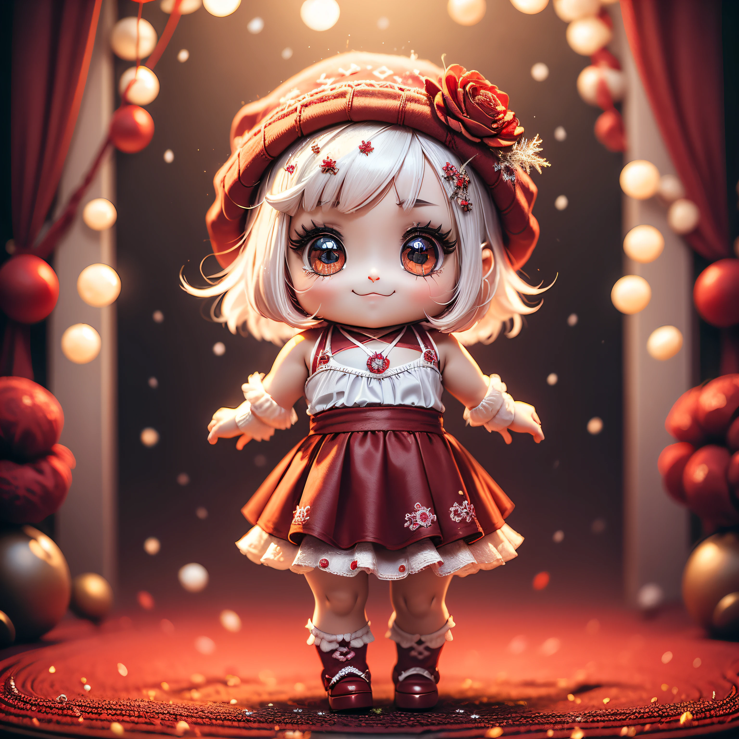 obra-prima、maximum quality、Ultra-detalhado、(Filha de Chibi Chara:1.2),bob branco,Red knitted hat,Camisola luxuosa com babados vermelhos,RED knee-high socks,tapete da flor da rosa,guirlanda de natal,Um sorriso,standing figure full body,O brilho brilha