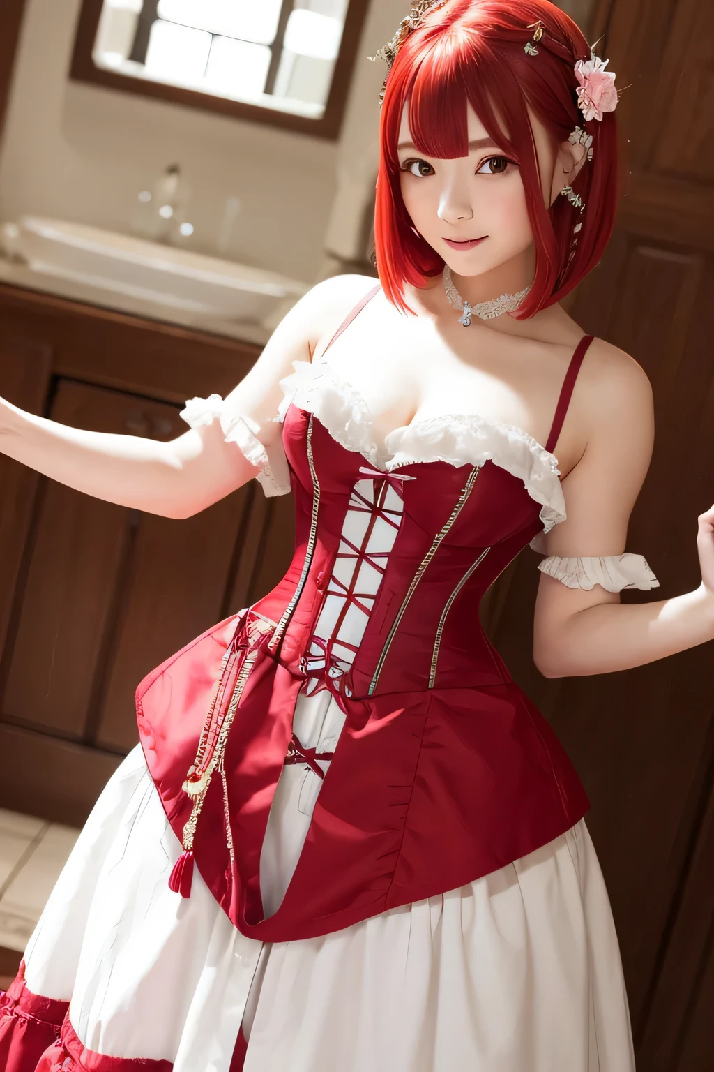 hair ornaments、Wearing a corset、whole body、Photo taken from below、one beautiful maid、((red hair long bob hair))、indoor