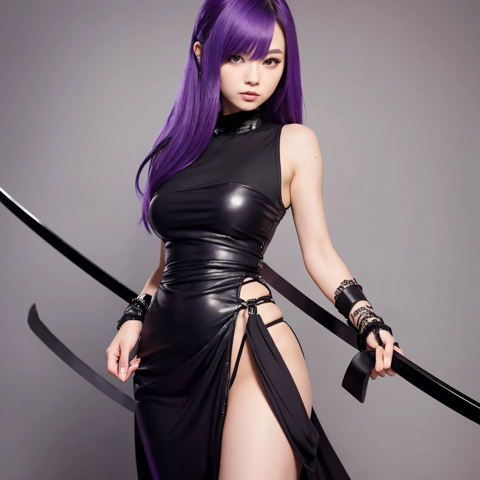 Purple hair girl wearing black sexy dress holds katana
