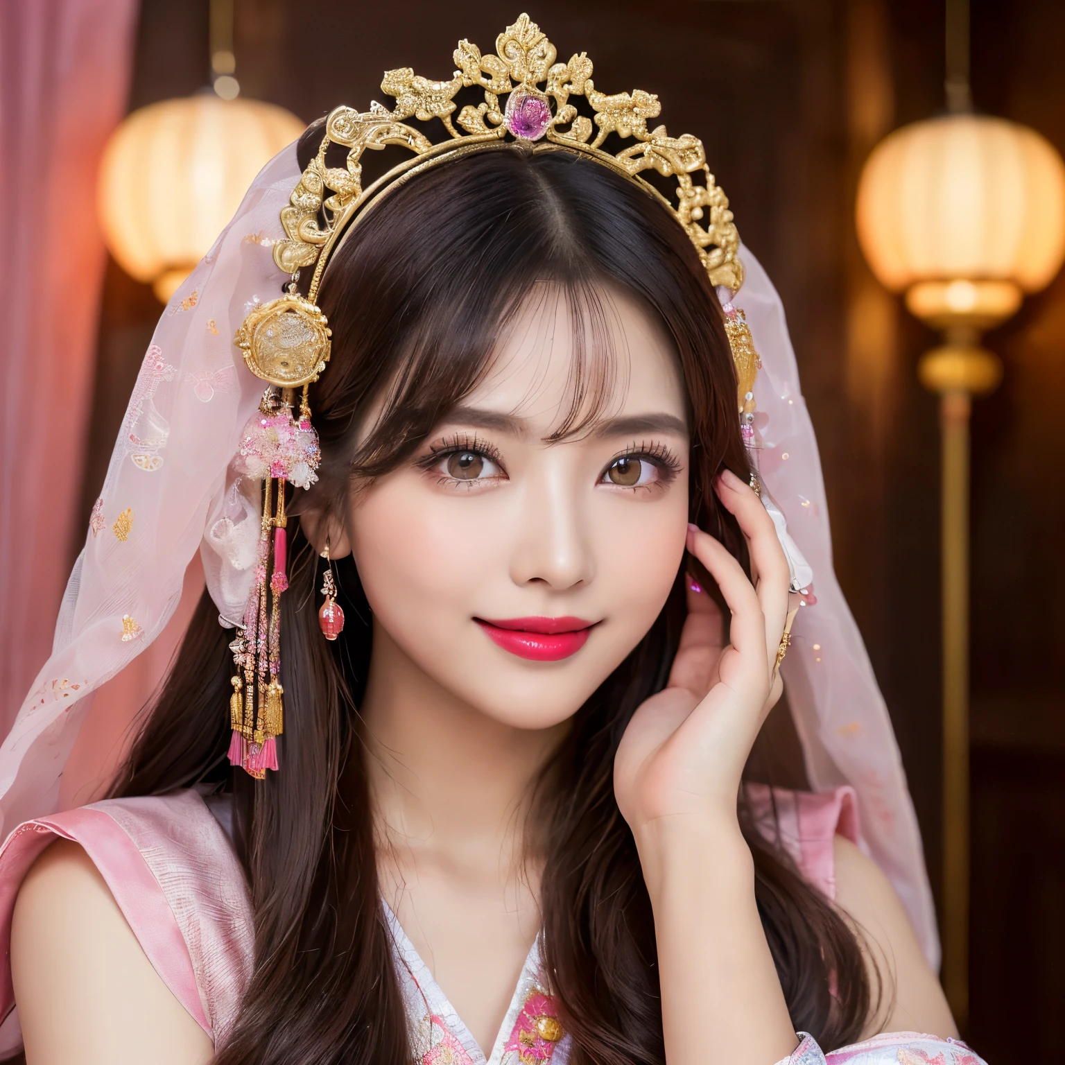 ((highest quality、table top、8K、best image quality、extremely complex and detailed depiction))、(the most gorgeous chinese goddess:1.1)、((The most gorgeous prostitution goddess huge costume、The most vivid and luxurious Chinese costumes、big long chinese goddess costume、中国の女神の想像を絶する美しいBedroom、purple and pink gems、(紫とピンクの女神のBedroom:1.3)、(romantic dark night:1.2)、(pink and purple lighting:1.2)、great movie lighting、A glittering room decorated with jewels、The most sacred and beautiful Chinese goddess'Bedroom、midnight、very intricate decoration、非常に明確な中国の女神のBedroom、(Look at me、bewitching smile、perfect makeup、long eyelashes、lipstick、pink eyeshadow、perfect anatomy、best smile)、(huge beautiful curtains:1.1)、(The most elaborate goddess room:1.2)、(Professionally designed, Interior design with a sense of unity:1.3)、ultra high definition hair、Ultra High Definition Face、Ultra-high-definition eyes、Shining beautiful skin、Shining ultra-high definition skin、(the most detailed and perfect face:1.1)、(most detailed glowing eyes:1.1)、(Super high-definition beautiful skin with beautiful luster and moisture:1.1)、(Close-up:1.2)