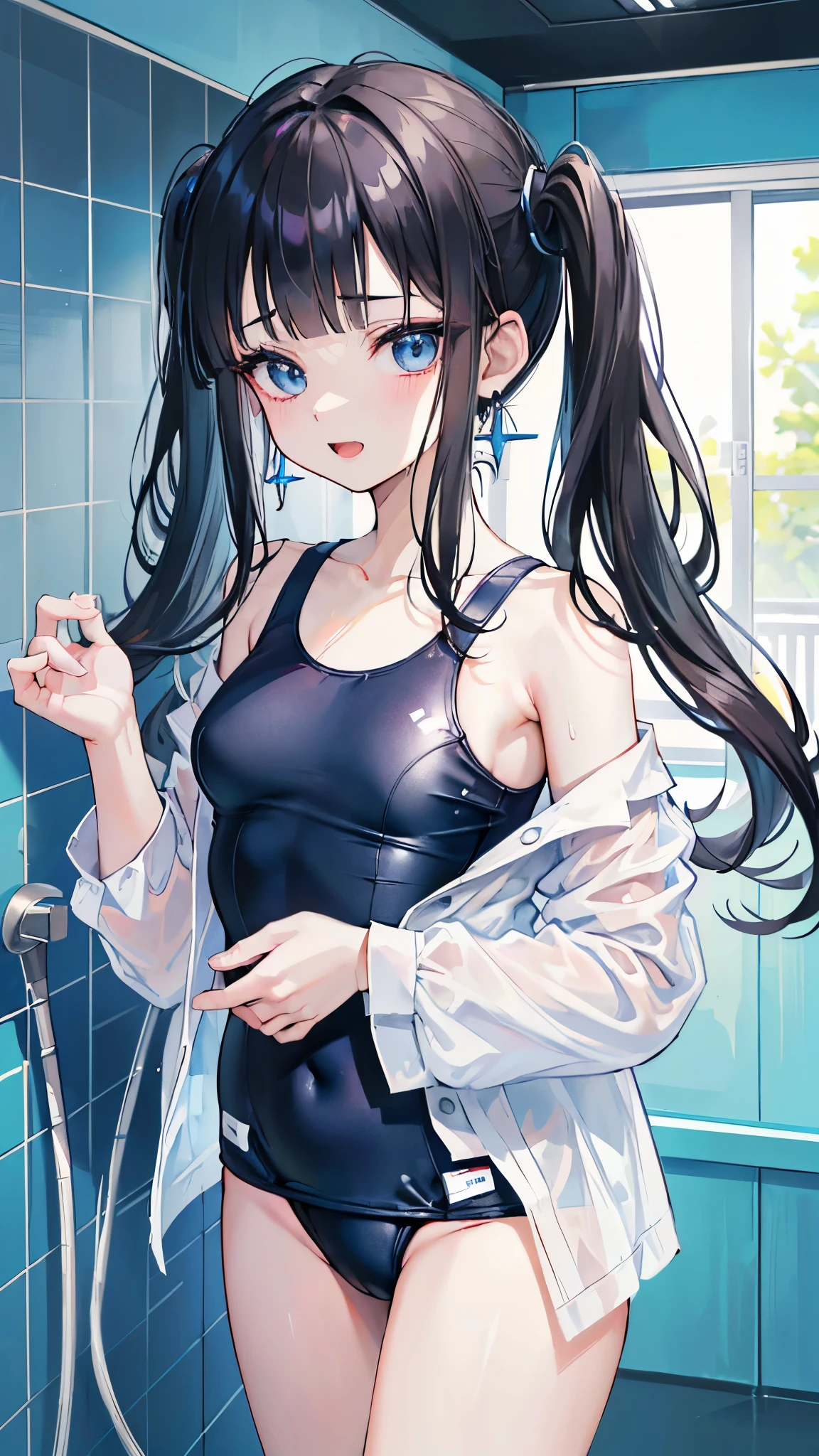 (8K、Highest image quality、highest quality、masterpiece)、detailed face、1 girl、black hair、long hair、twintails、blunt bangs、light blue eyes、evil smile、open mouth、tooth、earrings、small breasts、((open clothes white shirt))、((one-piece swimsuit))、hands on own chest、cowboy shot、Shower room background