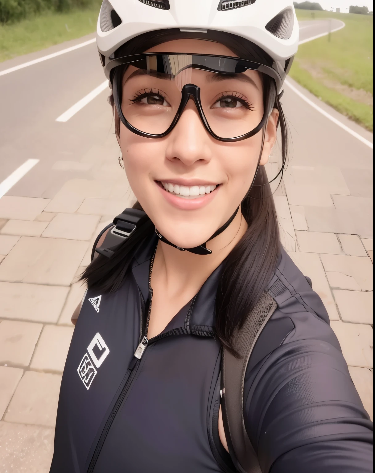 smiling woman wearing helmet and glasses on a brick path, ciclismo!!, alma piedosa, foto de uma motociclista, foto pov, smiling happily at the camera, tirada no iphone 14 pro, goggles on forehead, wearing shiny black glasses, imagem de perfil, assumindo o controle enquanto sorri, tirado no iphone 1 3 pro, tiro em ponto de vista, filmado em gopro9 Criar imagem de uma pessoa estilo criativo pixar Disney . I'm riding on a road in Europe with Speed bike and bike uniform set and wearing helmet and goggles I have light brown eyes, estatura de um metro e sessenta e sete, cabelo preto curto com entradas e pouco cabelo , tenho barba bem rala, small ear and mouth too
INFO
