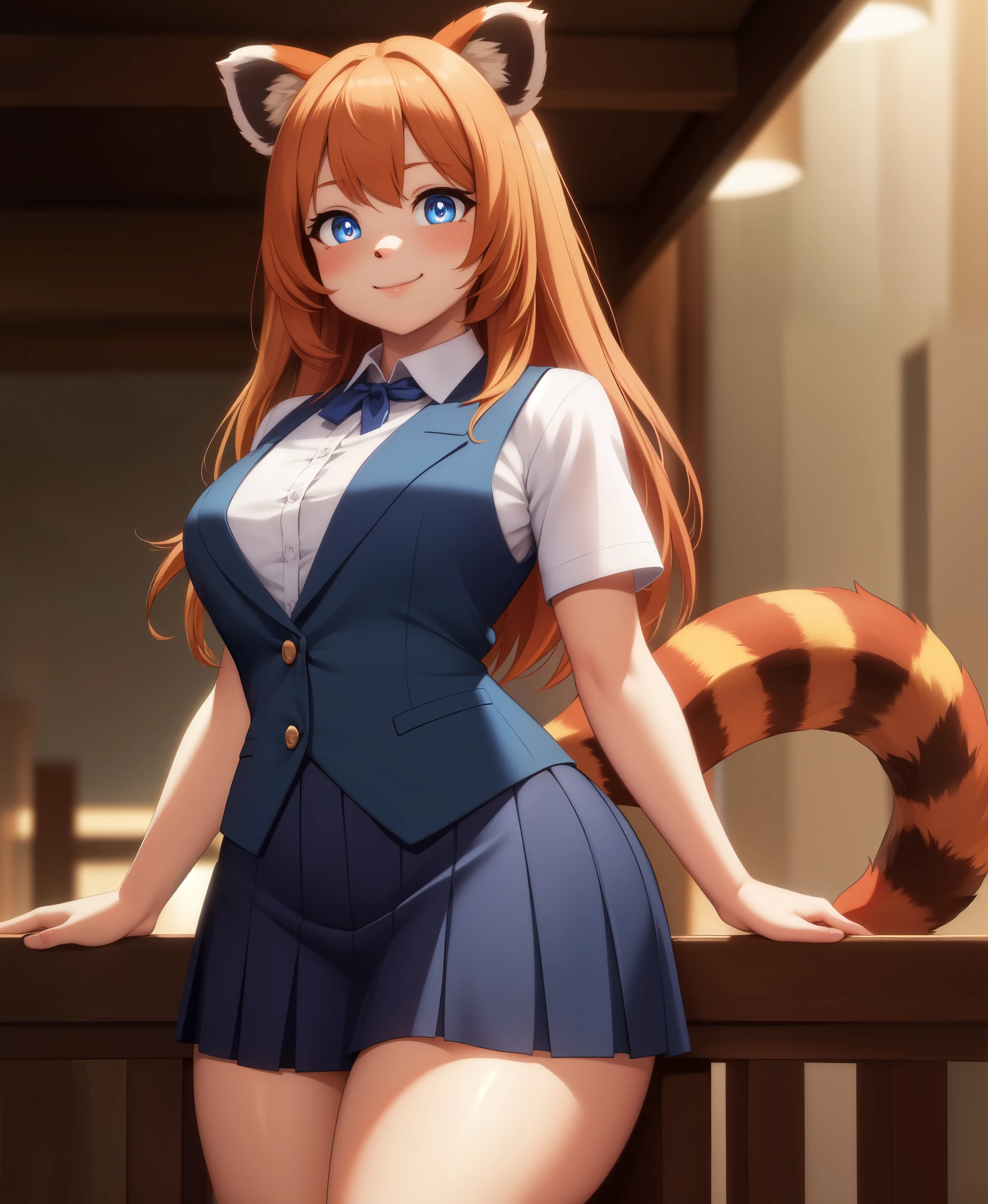 retsuko, red panda, solo, furry, panda girl, 1girl, anthro, female, animal ears, furry female, tail, clothing, body fur, standing, clothed, looking at viewer, thighs, blush, thick thighs, fur, skirt, smile,blue vest, white shirt, blue skirt,, (masterpiece:1.2), best quality, high resolution, unity 8k wallpaper, (illustration:0.8), (beautiful detailed eyes:1.6), extremely detailed face, perfect lighting, extremely detailed CG, (perfect hands, perfect anatomy),