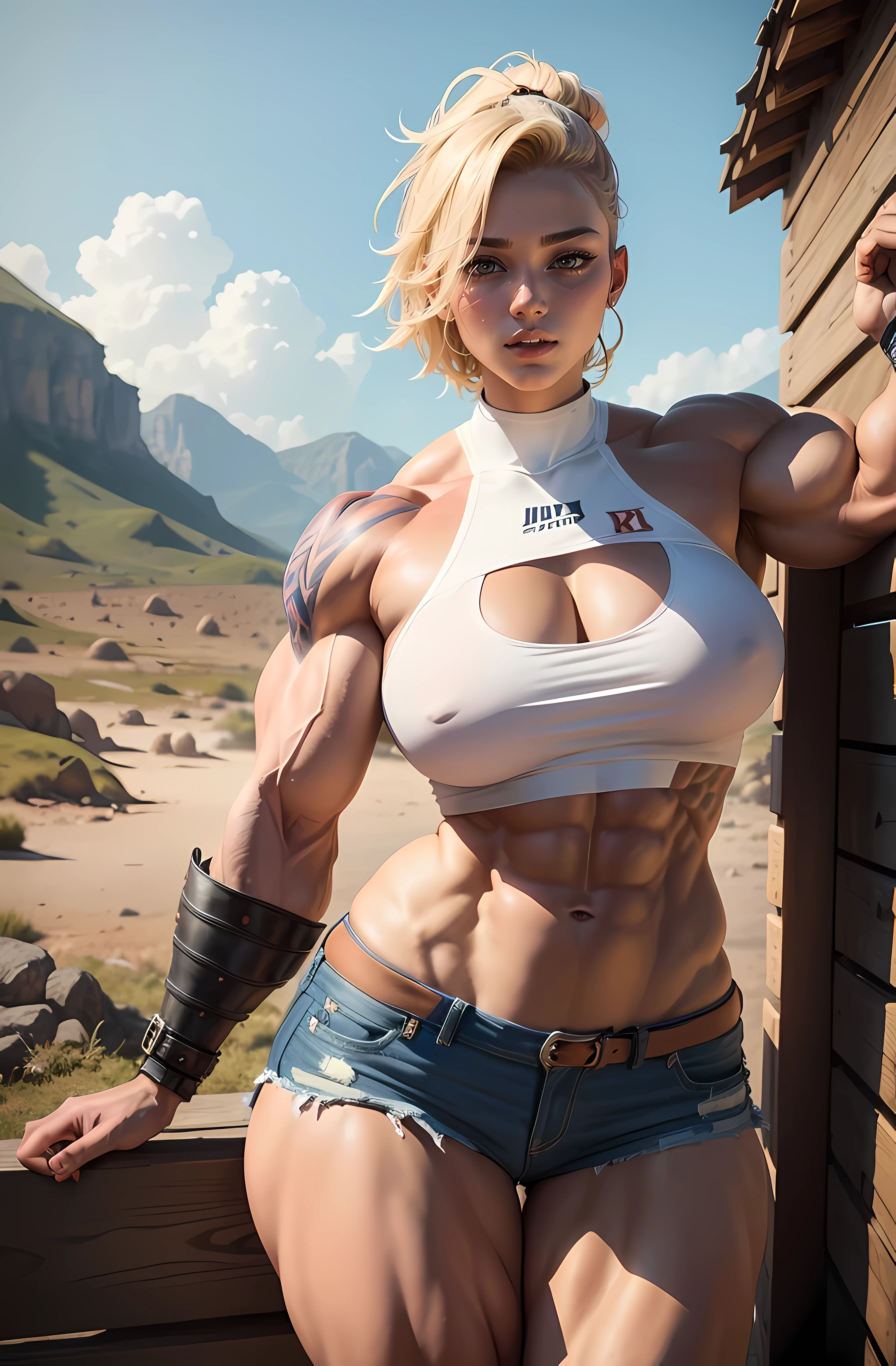 (best quality,4k,8k,highres,masterpiece:1.2),ultra-detailed,realistic, HDR, professional, vivid colors, curve,tattoos,croptop, crop jeans, thigh-length boots, seductive look, short blonde hair, outdoor background, soft sunlight, confident pose, ((((Muscular Legs)))), (((Massive Female Bodybuilder))), (((((Huge Muscles)))))