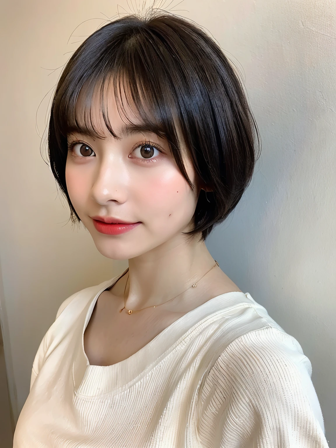 ((highest quality, 8K, masterpiece :1.3)), 1 girl, (medium short hair :1.2),Taken in front of a white wall、Shot in natural light、pastel cardigan :1.1, Angle from above、super detailed face, fine eyes,(Highly realistic photos, High resolution, detailed face, fine eyes)、japanese woman, 35 years old, Variety of facial expressions, alone:1, different hairstyles, casual clothes, Only one person appears in the photo、long sleeve dress、Shot in natural light、simple necklace、Spring clothes、Don't look at the camera、profile、Dark brown hair color