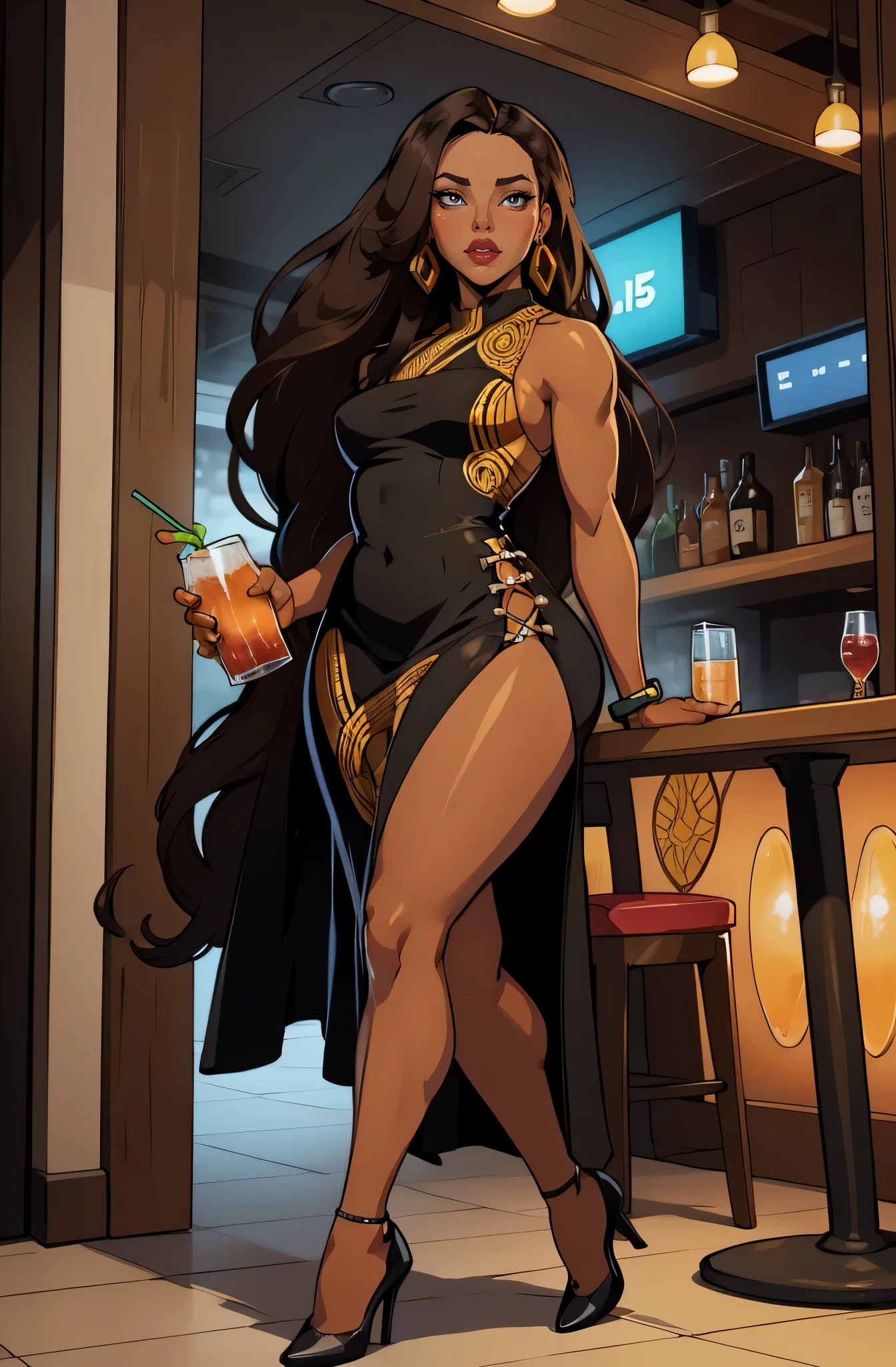 at  a bar background drinking cocktail (a 35 year old woman) brown skin, solo, 1 girl, portrait, african long hair, super detailed, modern style, direct look, full body wearing black dress