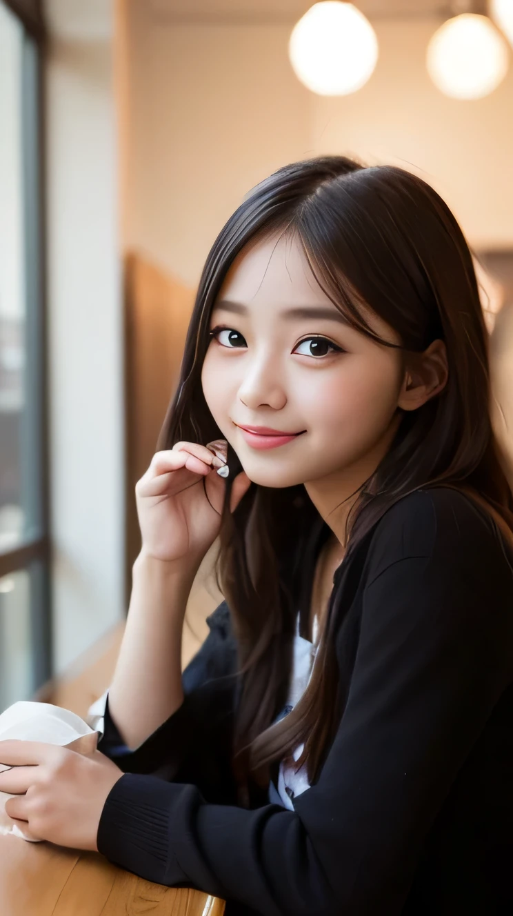 1 girl, black hair, (:1.4), Girl sitting at a table opposite a café, cup of latte on the table, (reading a book:1.3), (whole body:1.3), a loving gaze, (8K, RAW photo, highest quality, masterpiece:1.2), High-definition RAW color photos, professional photos,(realistic, photo realistic:1.2), ((highest quality)), Bokeh, using a reflector, f/1.4, 50mm, japanese girl, detailed beautiful face, detailed face, (shy smile:1.2),enchanting smile, beautiful, very pretty, cute like a doll, female idol, round big eyes, droopy eyes, small nostrils,