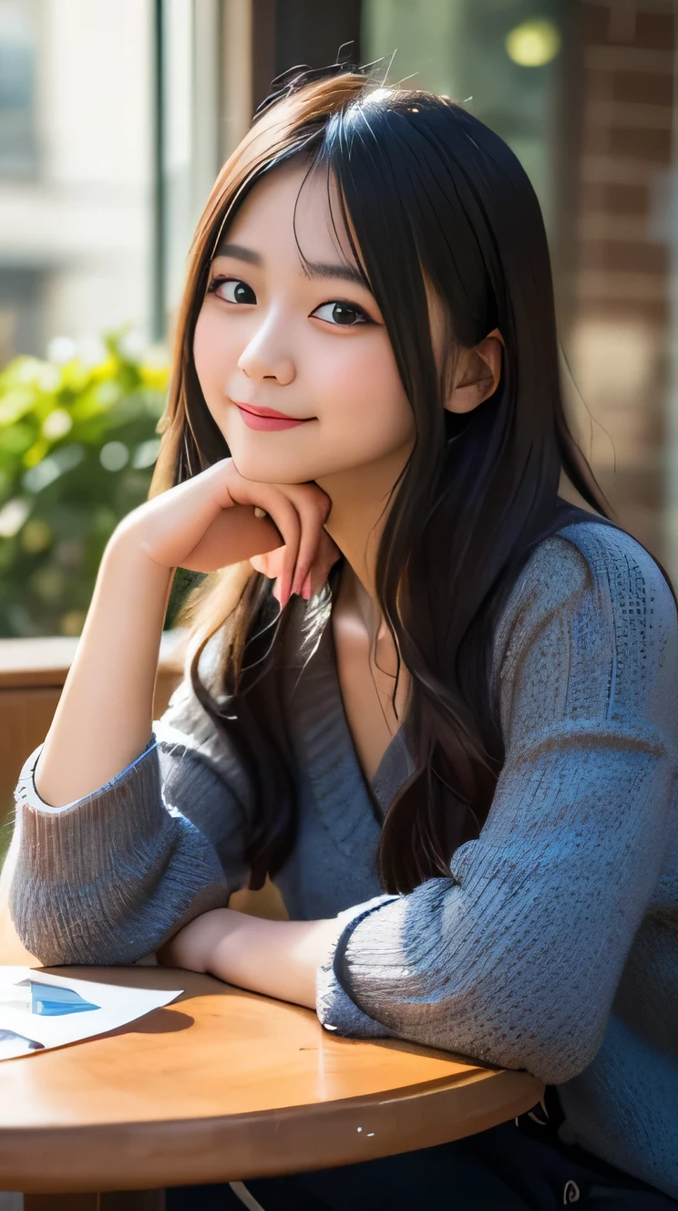 1 girl, black hair, (:1.4), Girl sitting at a table opposite a café, cup of latte on the table, (reading a book:1.3), (whole body:1.3), a loving gaze, (8K, RAW photo, highest quality, masterpiece:1.2), High-definition RAW color photos, professional photos,(realistic, photo realistic:1.2), ((highest quality)), Bokeh, using a reflector, f/1.4, 50mm, japanese girl, detailed beautiful face, detailed face, (shy smile:1.2),enchanting smile, beautiful, very pretty, cute like a doll, female idol, round big eyes, droopy eyes, small nostrils,