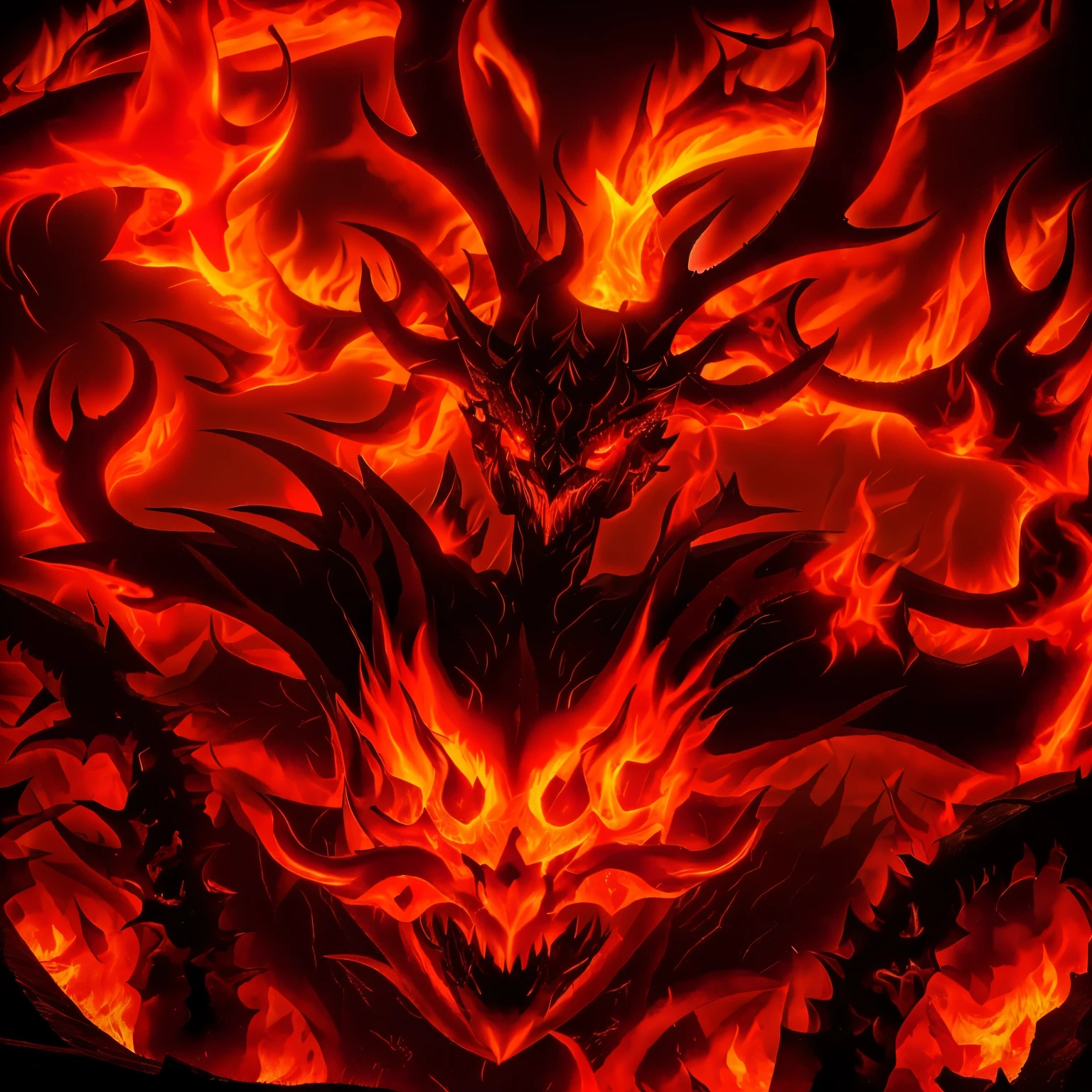 demonic demon with fire in his mouth and flames in his mouth, hellfire background, infernal enigma, fire demon, deathwing, Ruler of Hell, Dark Flame, colossal dragon as background, lord of ash, hellish background, Demon soul concept art, enveloped in flames, Detailed hot maw, black ball of fire, diablo digital concept art, The Infernal Nymph