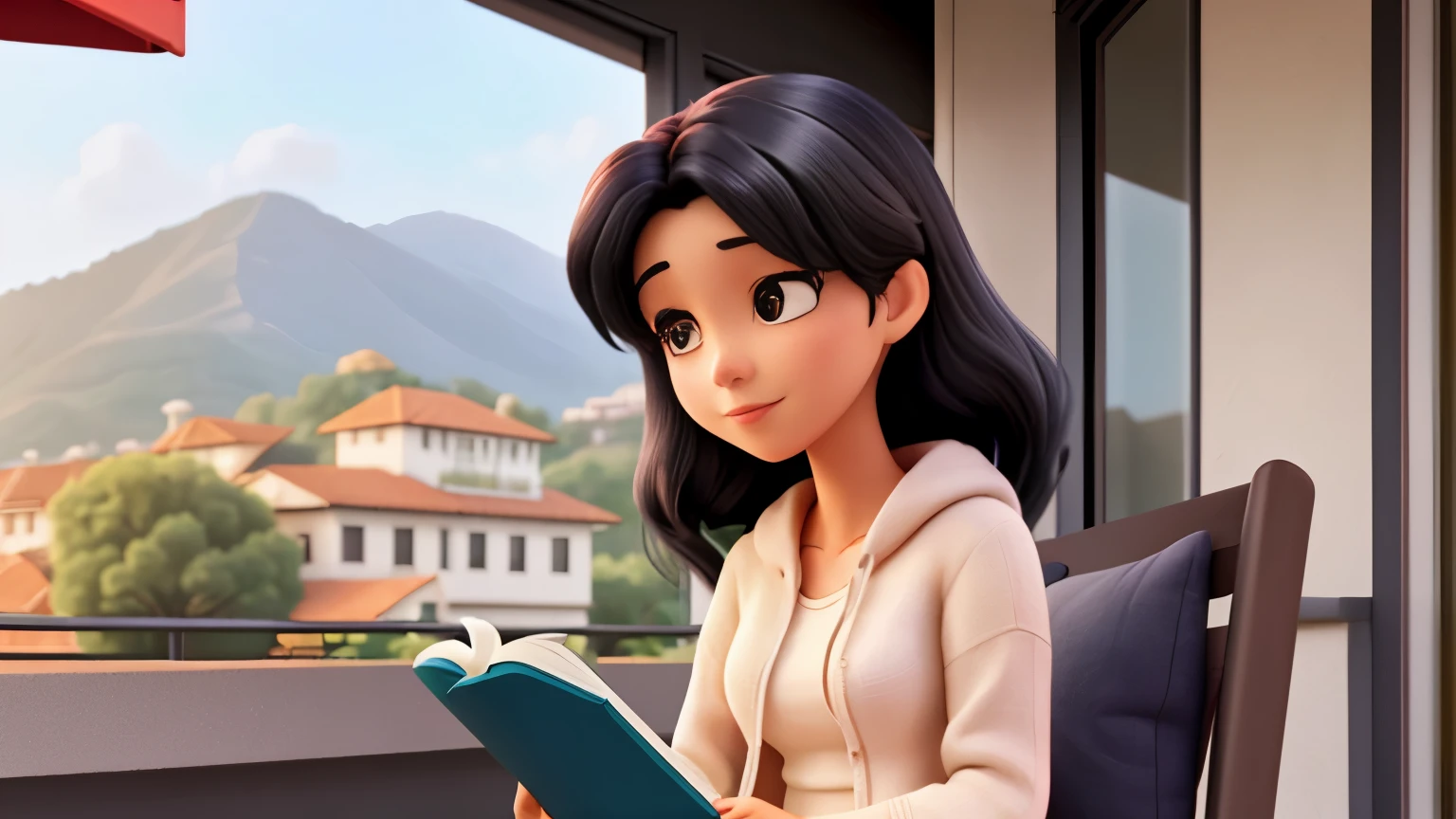 a black-haired woman reading a book on a comfortable balcony, durante a tarde, com luzes ao redor. 
