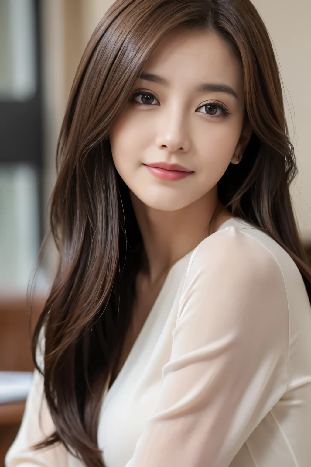 table top、highest quality、genuine、Super detailed、finely、High resolution、8k wallpaper、one beautiful woman、、、light brown disheveled hair、wearing a business suit、sharp focus、perfect dynamic composition、beautiful and detailed eyes、thin hair、詳細なgenuineな肌の質感、smile、close-up portrait、model body shape