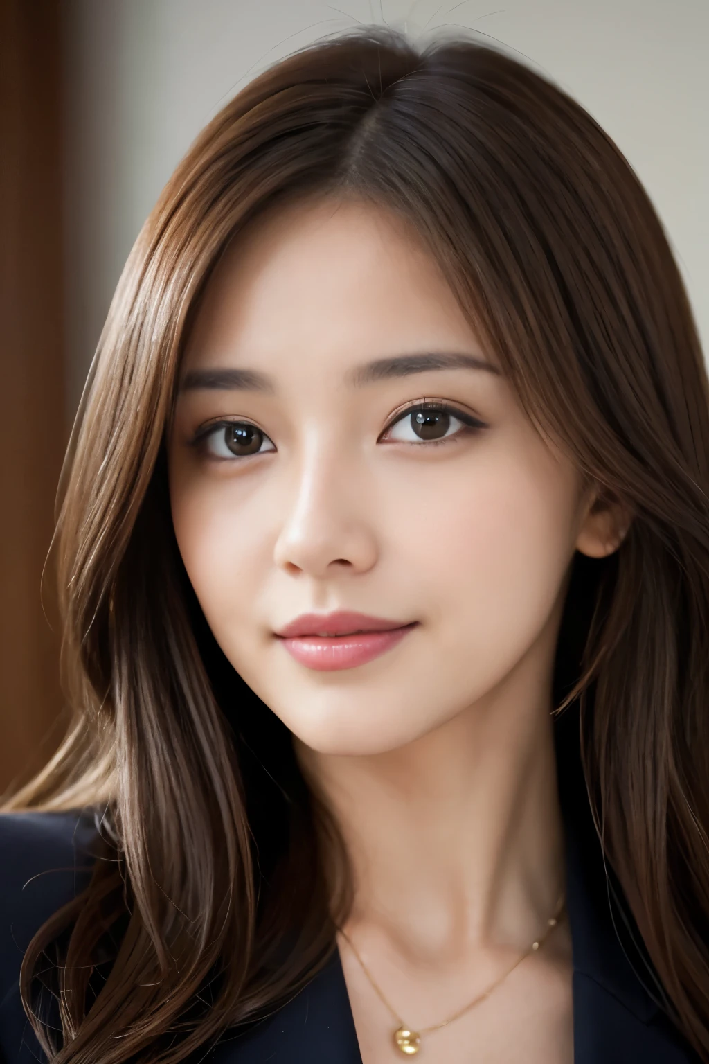table top、highest quality、genuine、Super detailed、finely、High resolution、8k wallpaper、one beautiful woman、、、light brown disheveled hair、wearing a business suit、sharp focus、perfect dynamic composition、beautiful and detailed eyes、thin hair、詳細なgenuineな肌の質感、smile、close-up portrait、model body shape