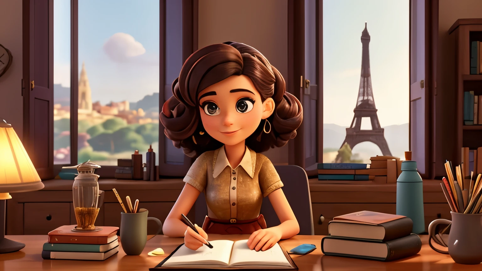 uma mulher de cabelo preto com roupas estilo vintage, usando fones de ouvido, sentada numa cadeira em frente a uma escrivaninha de madeira, com livros sobre a escrivaninha, A typewriter, cup of tea and a table lamp. Late afternoon lighting comes in through the window, which shows a landscape of France, com a torre Eiffel ao fundo.