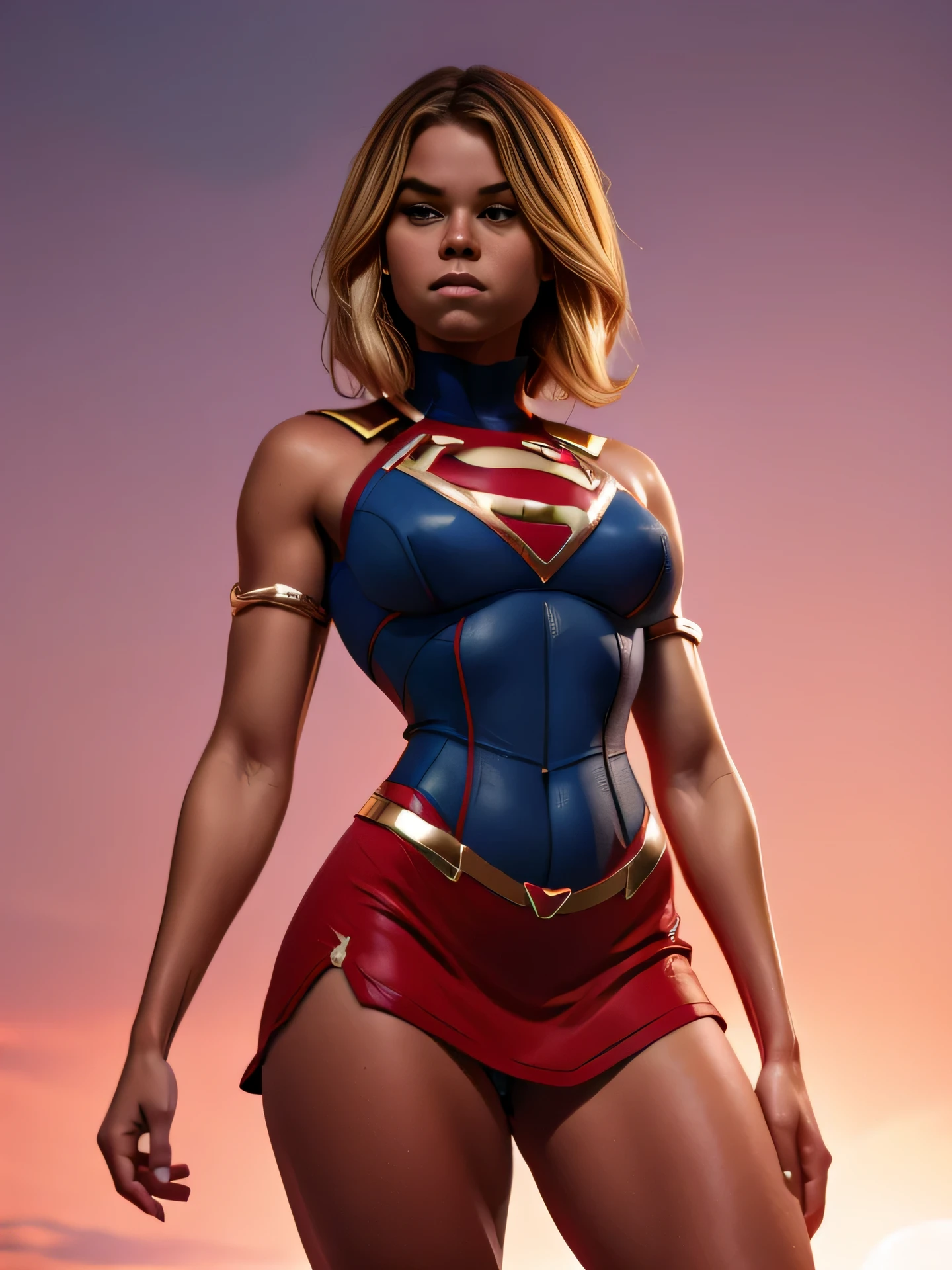 cartaz de cinema. (((A comical style, arte dos desenhos animados))). Supergirl posando para foto (((in epic heroic pose))) , wearing their iconic red and blue uniform, Vestindo uma saia vermelha . ((Rosto de Milly Alcock)),(((magro, corpo, Slender Hot corpo))). ((((Golden Sun cinematic background )))) , cores vivas, detalhado, detalhado face, sombras realistas e brilhantes, brilhante.