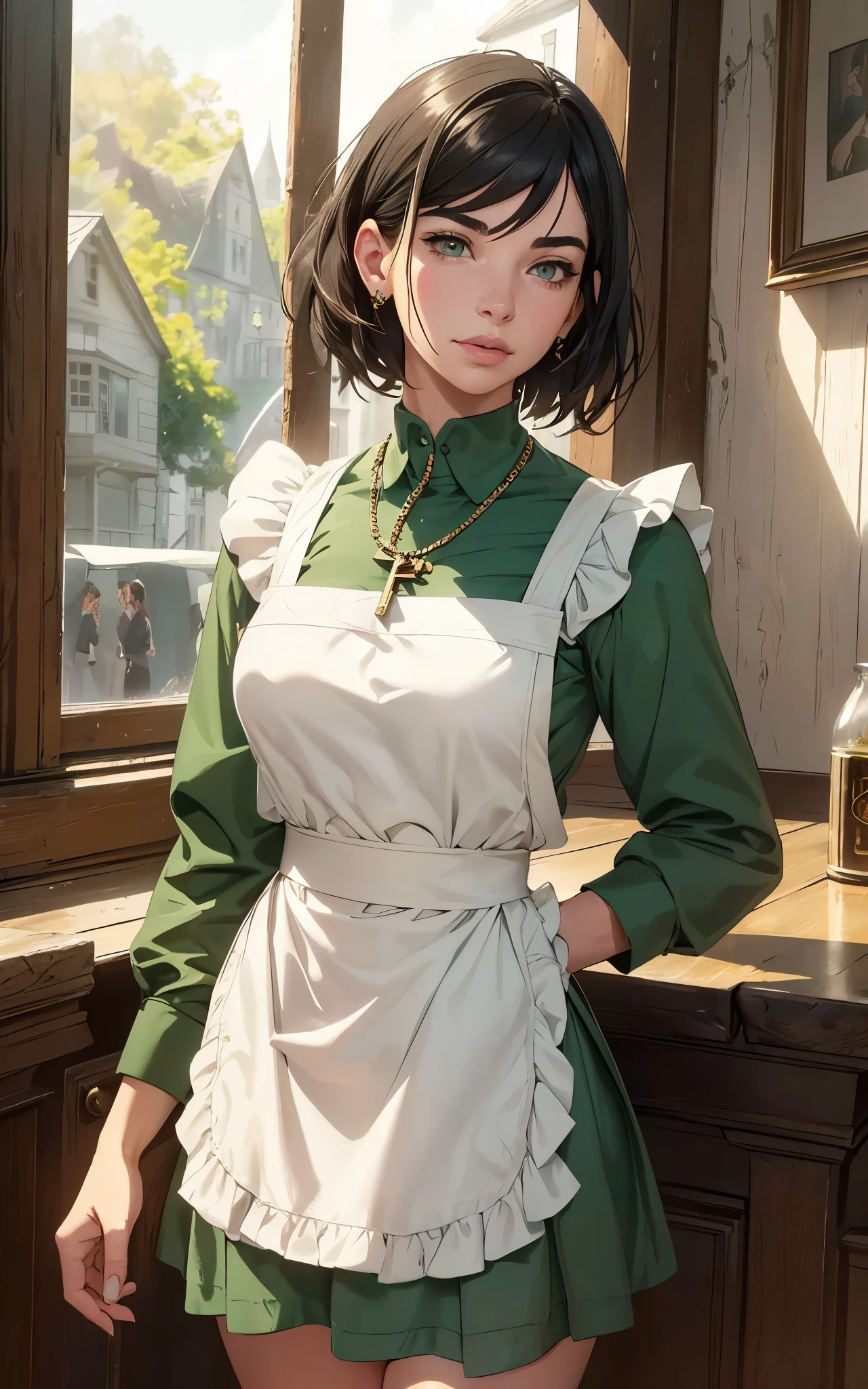 (Dua Lipa:Evangeline Lilly) waitress, ((white apron)), ((green shirt)), 1920 style, masterpiece, Lovecraft atmosphere, (pendant of a key), hyperdetailed, ((rule of thirds))