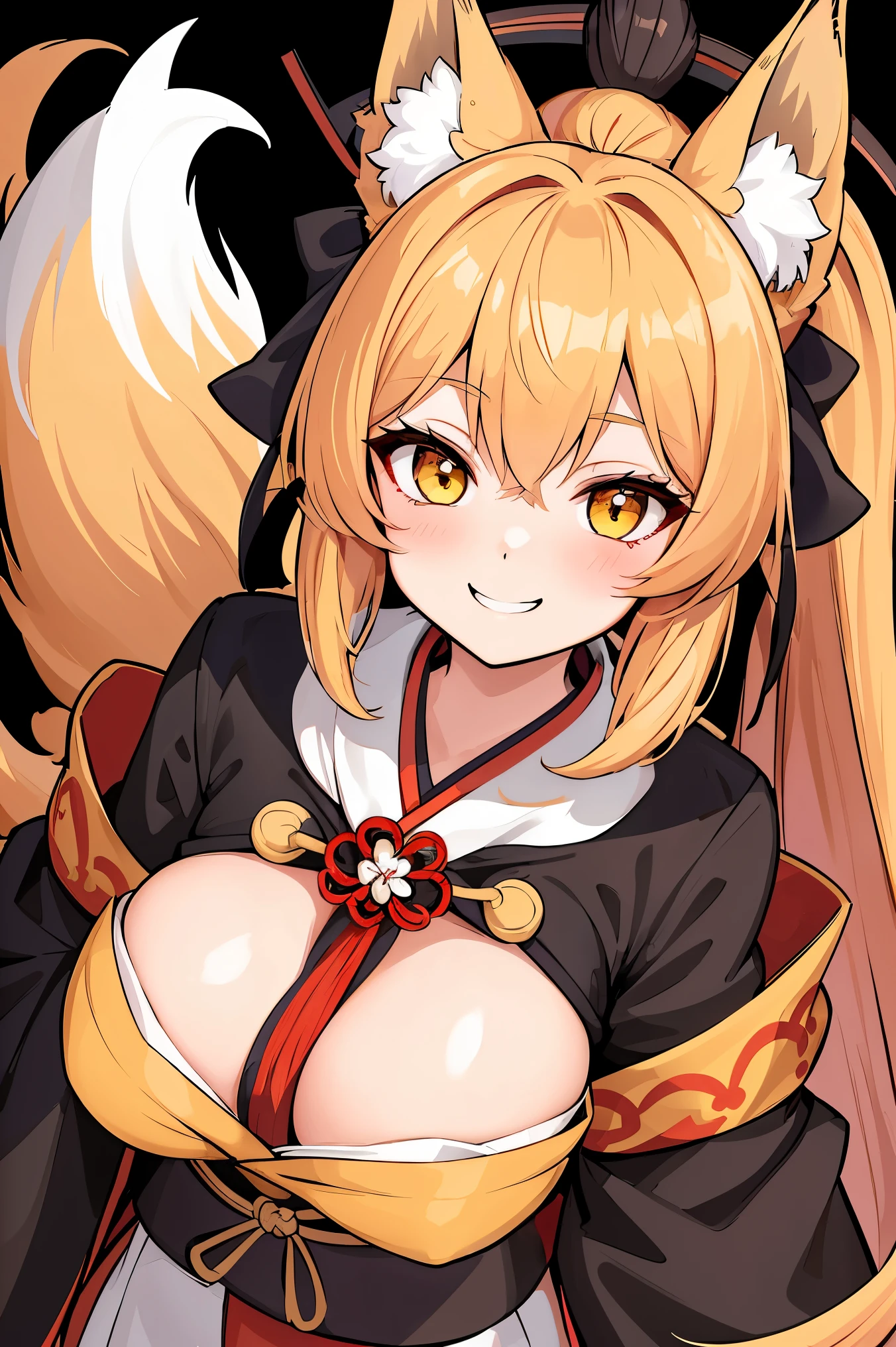 Fox-eared witch,(highest quality:1.2)、girl with long brown ponytail、(yellow fox ears)、(fox tail)、shrine、4K resolution、Traditional Japanese kimono like Onmyoji、big breasts、Illustration similar to Genshin、Clothes like Kitasan Black、looking at the camera,Cool smile,will hold your hand,Overall image