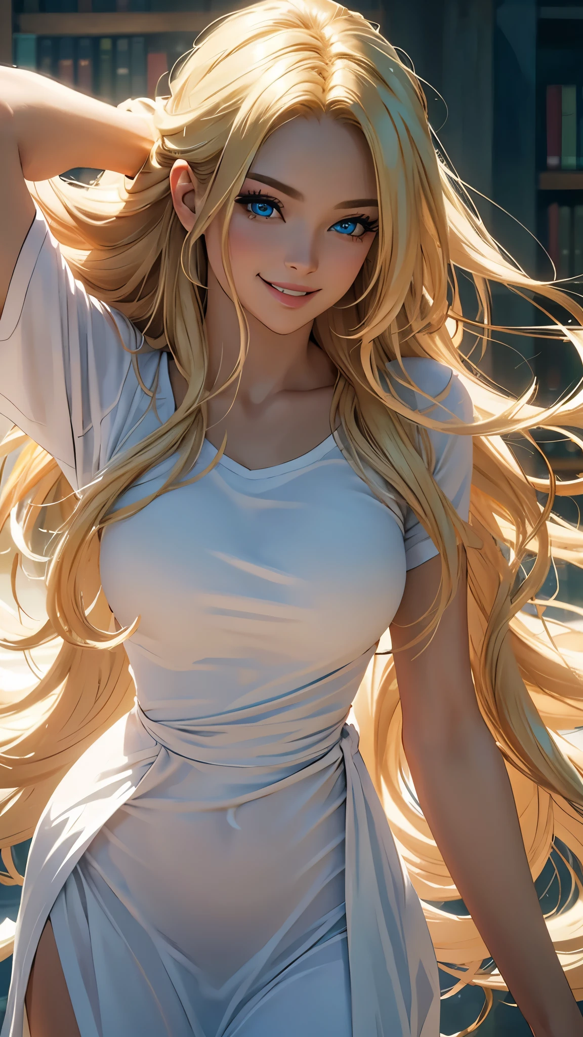 (best quality,ultra-detailed,photo-realistic:1.37),bright and vibrant colors,studio lighting,playful expression,stylish makeup,long blonde hair flowing in the wind,alluring eyes,glossy lips,sexy pose, T-shirts, library, smiling in a confident and seductive way,posing for a professional photoshoot,shallow depth of field,highlighting the main subject,soft natural lighting,creating a dreamy and magical atmosphere.