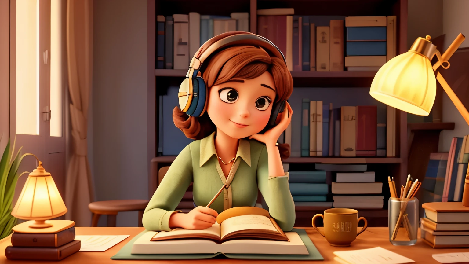 A woman in a vintage style of clothing is sitting on a chair in front of a wooden desk. She wears headphones and a vintage watch, and there are books scattered on the desk, along with a typewriter, a cup of tea and a table lamp. The woman has a calm expression on her face and her hair is tied up. The environment is an old library, repleta de livros, com um lustre pendente do teto. A luz do fim de tarde entra pela janela, revealing a landscape of France, com a Torre Eiffel ao fundo.