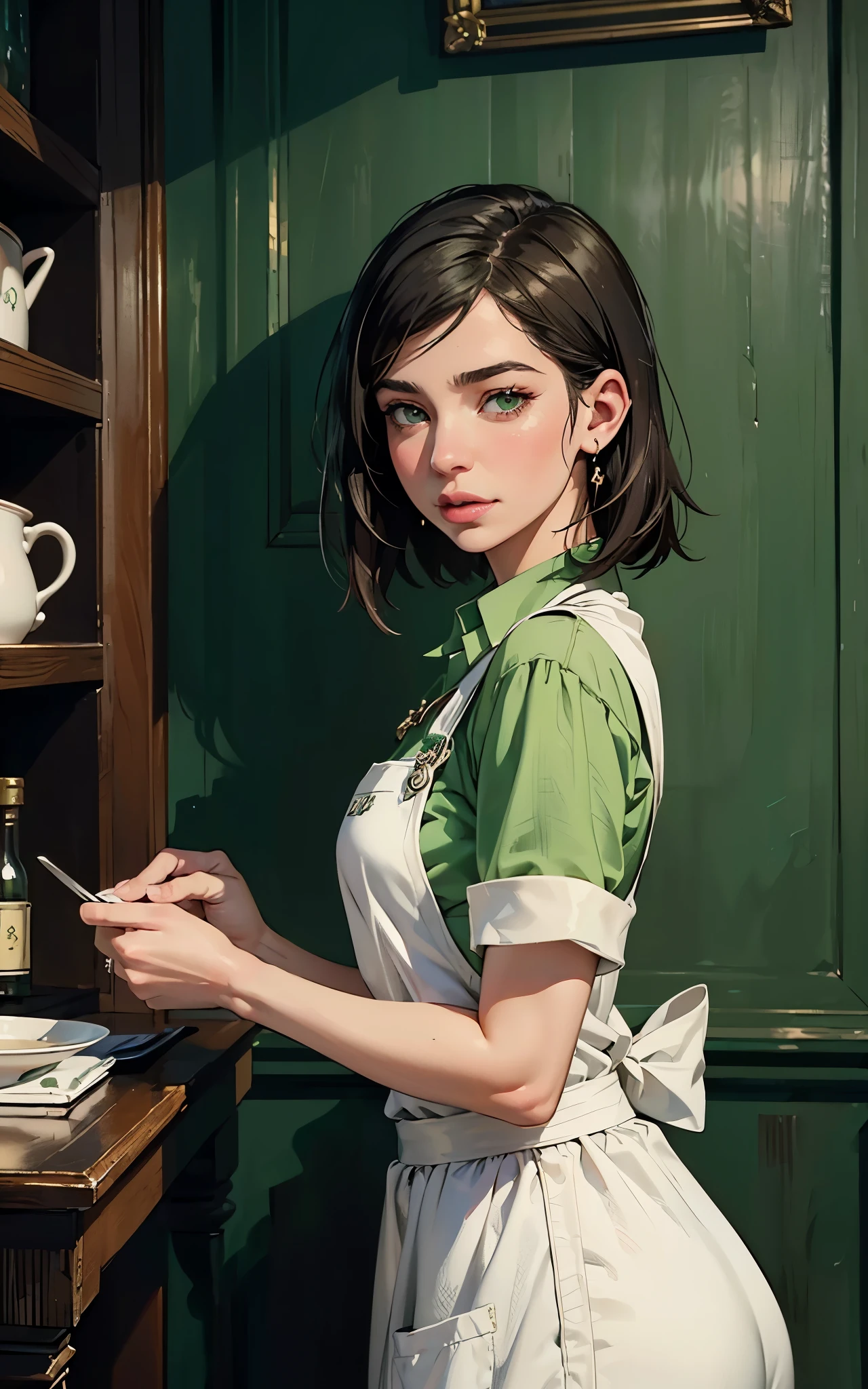 (Dua Lipa:Evangeline Lilly) waitress, ((white apron)), ((green shirt)), 1920 style, masterpiece, Lovecraft atmosphere, (pendant of a key), hyperdetailed, ((rule of thirds))