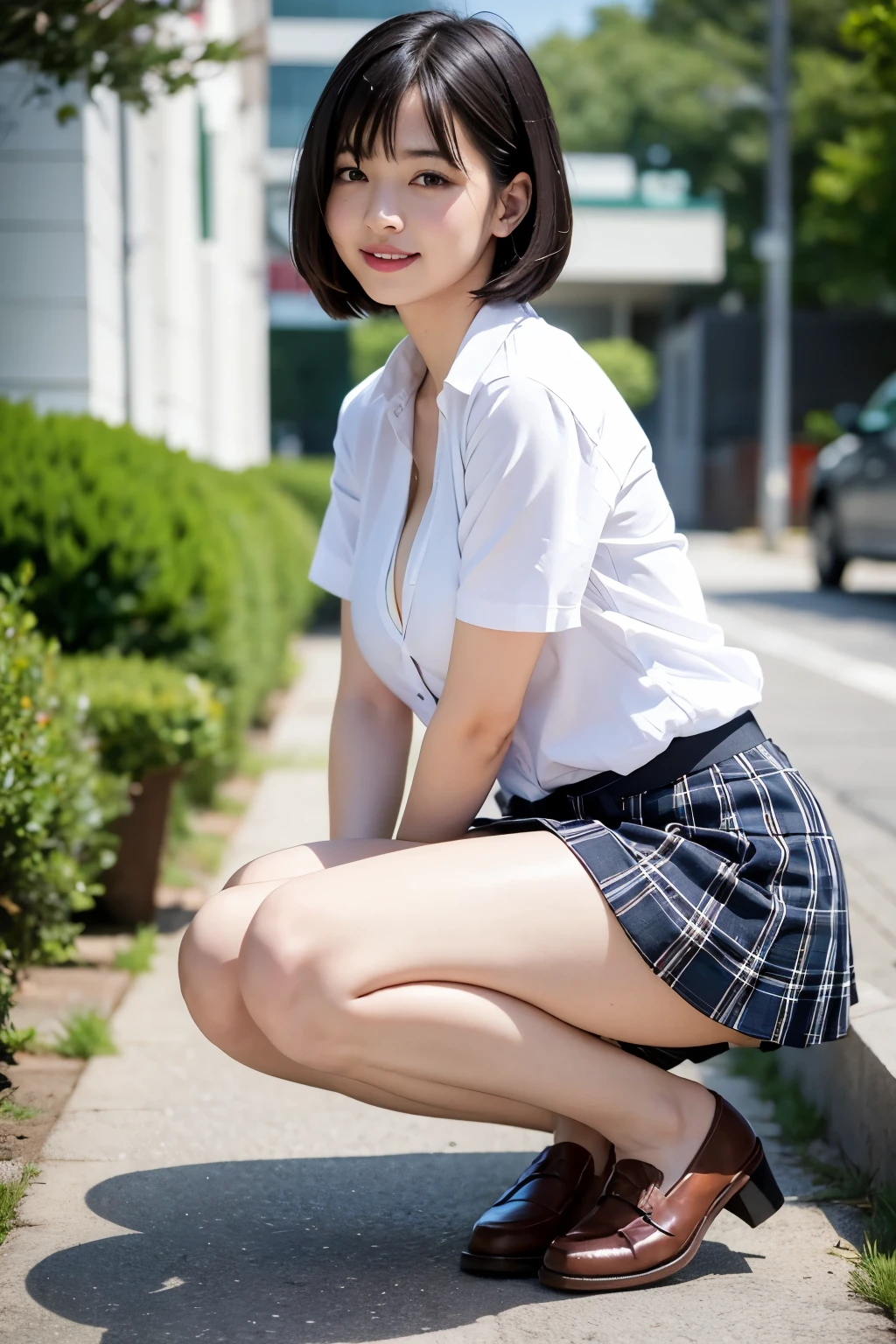 NSFW, 8K RAW photo, highest quality, masterpiece, ultra high resolution, film grain, movie, 1 girl, 16 year old girl, looking at the viewer, natural skin texture, Realistic eye and face details, full lips, lipstick, (compensate), Fluffy shorthair, bob cut, smile, close your mouth, beautiful legs, legs open, tall woman, skinny, thick legs, thick arms, alone, not big breasts, cleavage, front, super short skirt, white shirt, short sleeve, No bra, not wearing underwear, nippleが透けて見える, nipple, Plaid skirt, white shirt, Put your hands behind your back, cleavage, Show a little cleavage through the シャツ, loafers, blurry background, blurry, holding, Plaid, short sleeve, black hair, water, bangs, school uniform, parted lips, lips, From the side, pleated skirt, Depth of bounds written