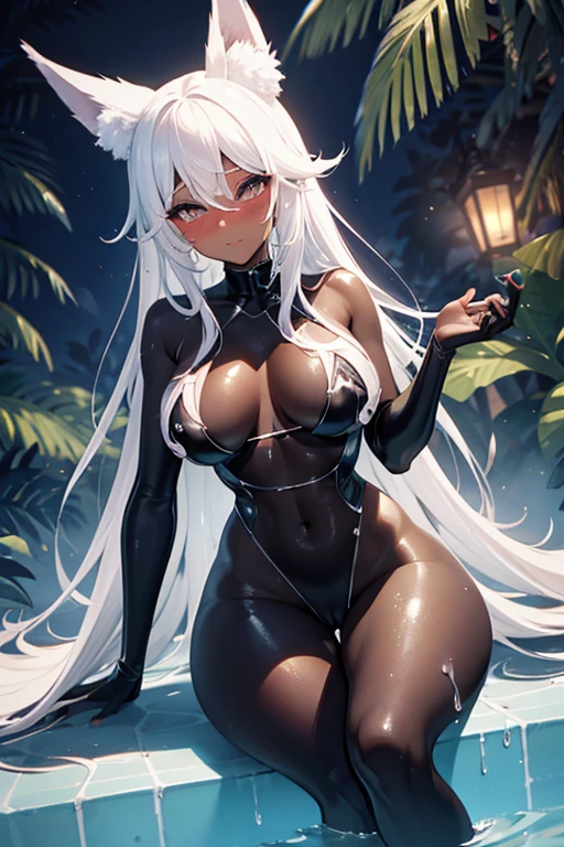 boa hancock, covered in cum, big breasts, big thighs, curvy, swimming in pool, blush, naked, wolf ears, covered in sperm, covered in lots of semen, legs parted, vegina filled with cum, white hair, dark skin