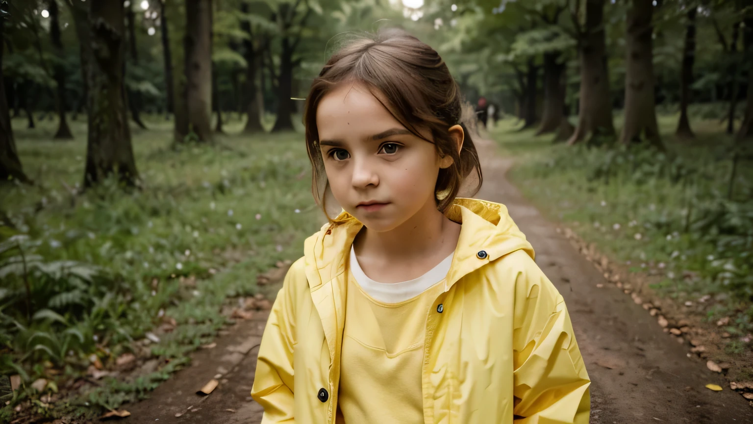 a girl standing in middle of a forest wearing a yellow raincoat, his face looks like exactly like childhood emma watson