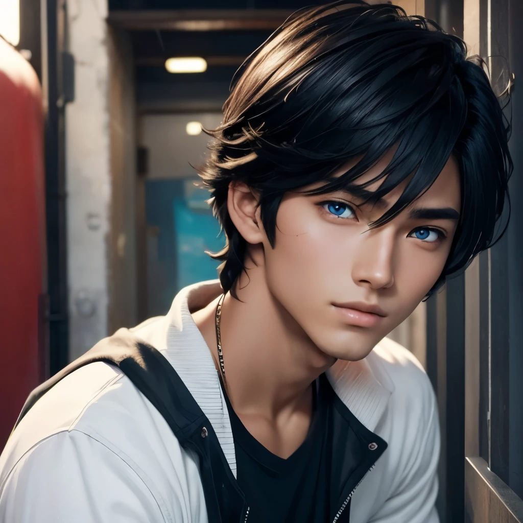 Generate a picture of a handsome anime boy the , tanned skin, black hair and blue eyes