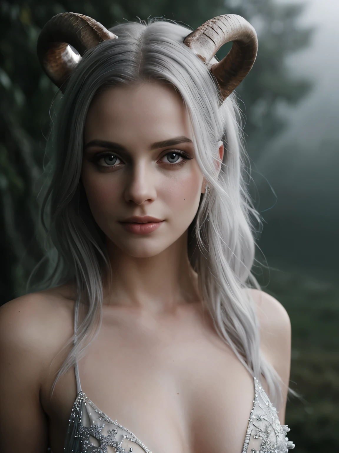 (Realistic:1.2), A beautiful woman with goat horns. Intricate dress with uncovered tummy made of gray tulle, silver glitter, small gray crystals and dried branches. Luis Royo style. Intense and captivating look, extremely sexy. Nude. Long, wavy, white hair. Mountains, stones, intricate, detailed, intricately detailed, luminous fantasy translucent ghostly crystal, holographic data, soft body, shadow play, fog, atmospheric, cinematic, light film, hyper detailed, hyper realistic,  analog  photostyle,  film grain,  depth of field,  bokeh, detailed beautiful eyes and perfect face, high contrast, 16k, best quality