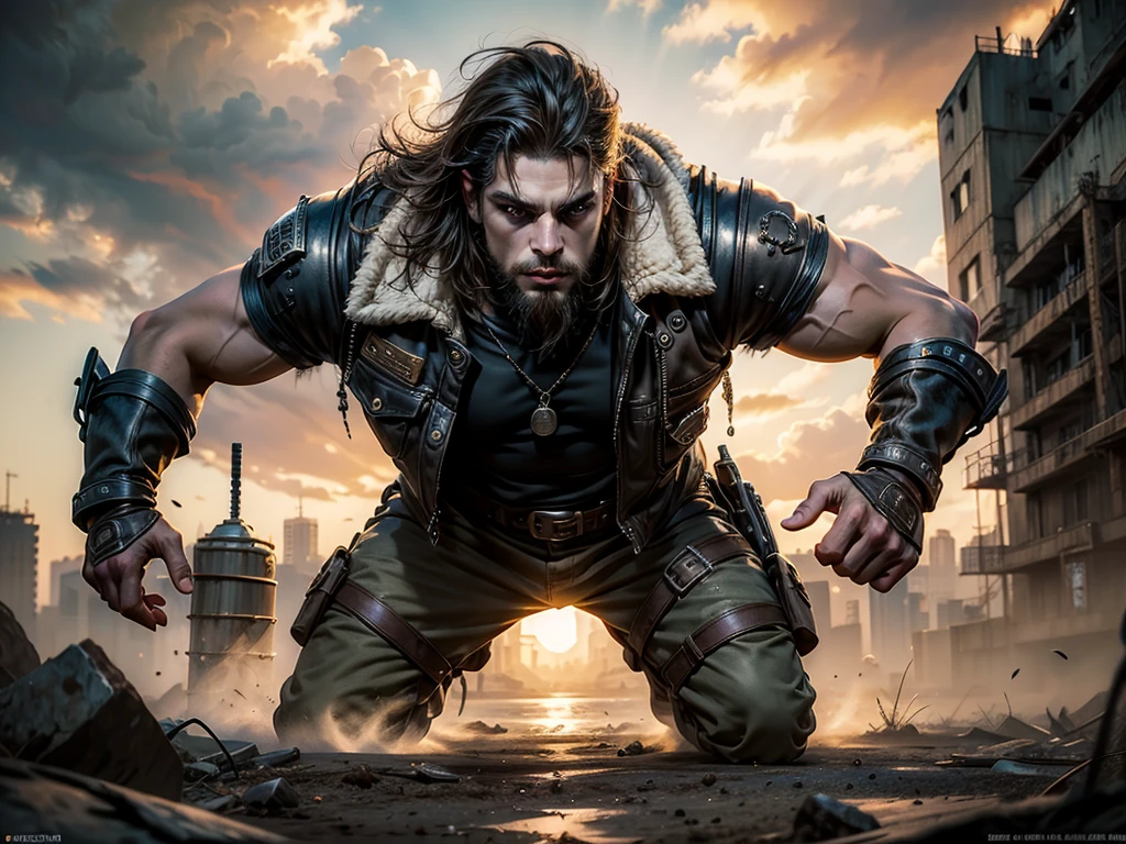 1 hombre guapo y musculoso, post apocalyptic, guerrero, Rostro y cuerpo perfectamente detallados, para la portada de la revista Heavy Metal, dynamic pose, cabello hermoso y detallado, ropa de cuero, Realista, fotorrealista, 8k, Fotos CRUDAS, Calidad premium, obra maestra, epic lighting. de cerca, Imagen centrada
