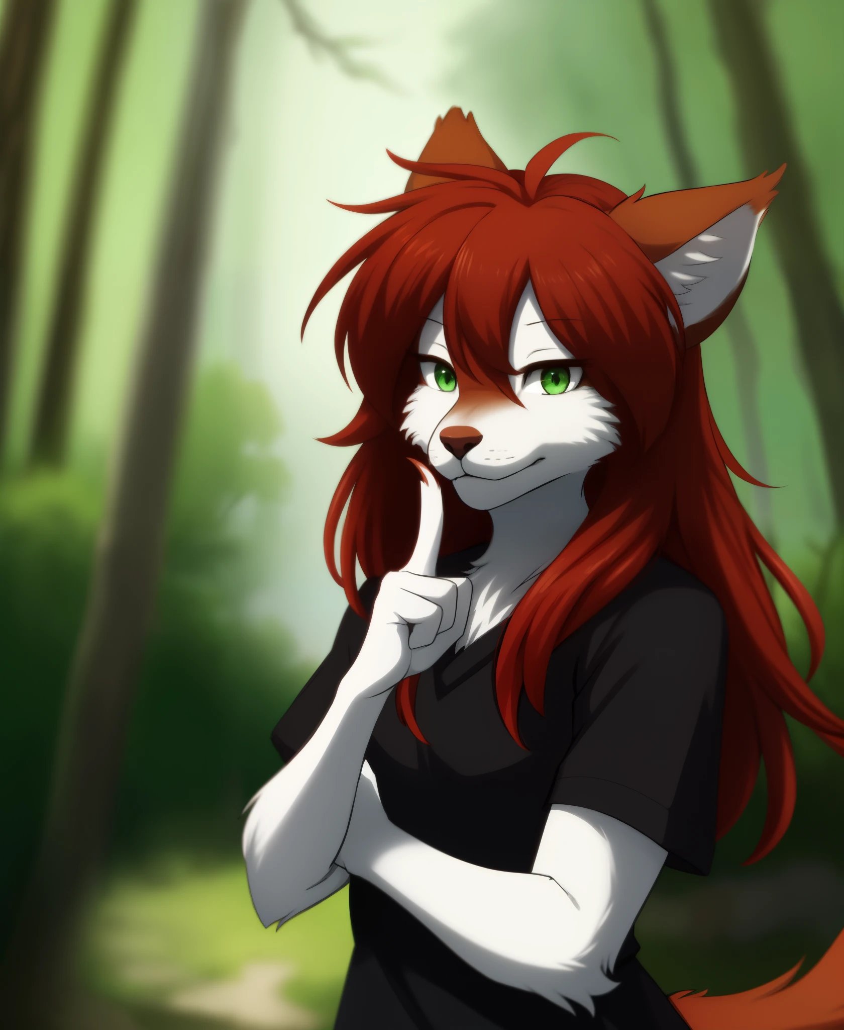 by kenket, by totesfleisch8, (by thebigslick, by silverfox5213:0.8), (by syuro:0.2),, rose-twokinds, twokinds, (best quality, masterpiece:1), solo, furry female anthro, green eyes, long hair, Red hair, portrait, finger claws, looking at viewer, wolf tail, (outdoors dark forest trees blurry blurred background:1.1), 