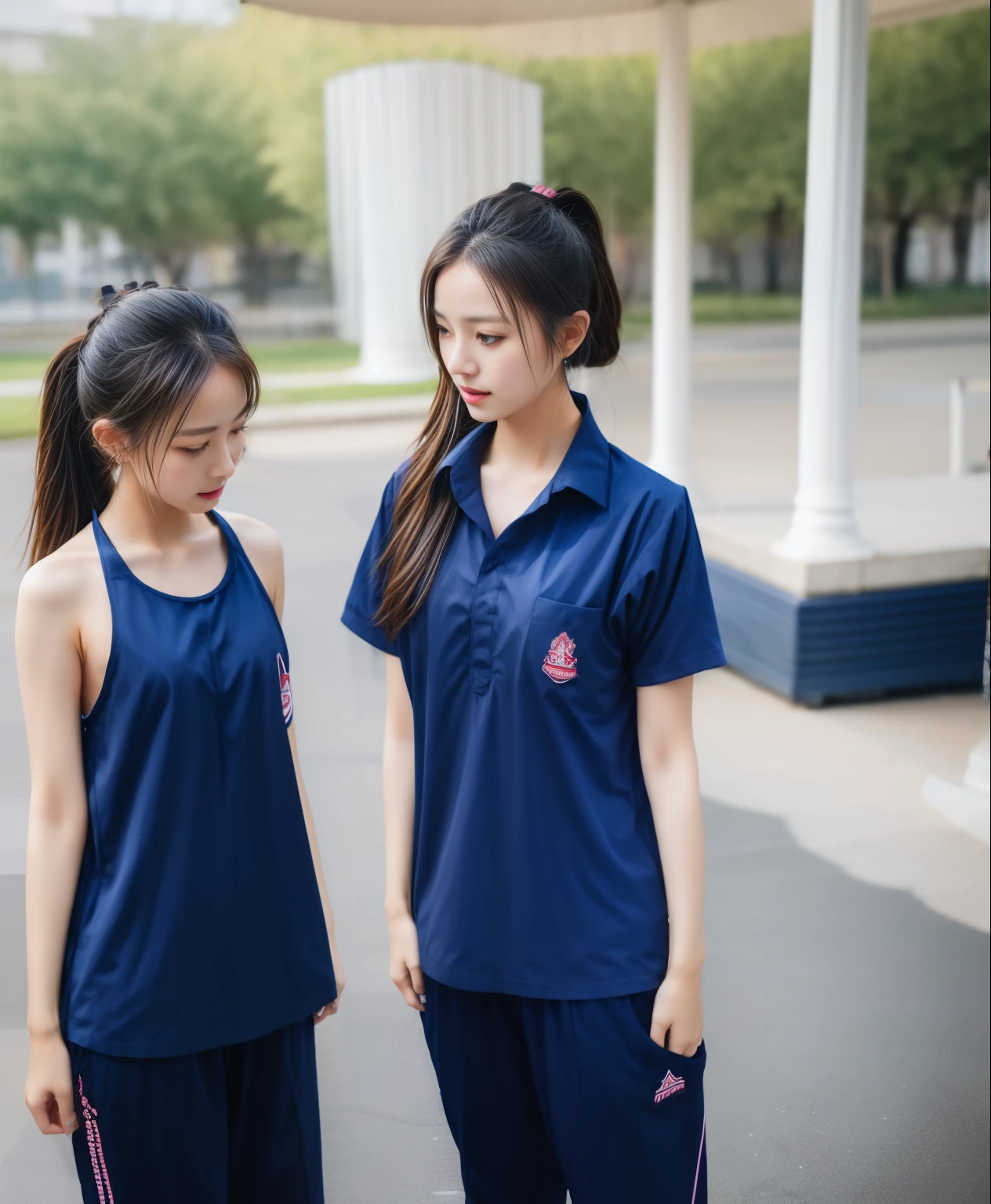 3 girls in fitness center, Navy blue short-sleeved shirt,Navy Long Trackpant,Sweatpants, Sweatpantsขายาว,25 year old girl, lesbian, sexy, exercise clothes, wet body, exercise clothes