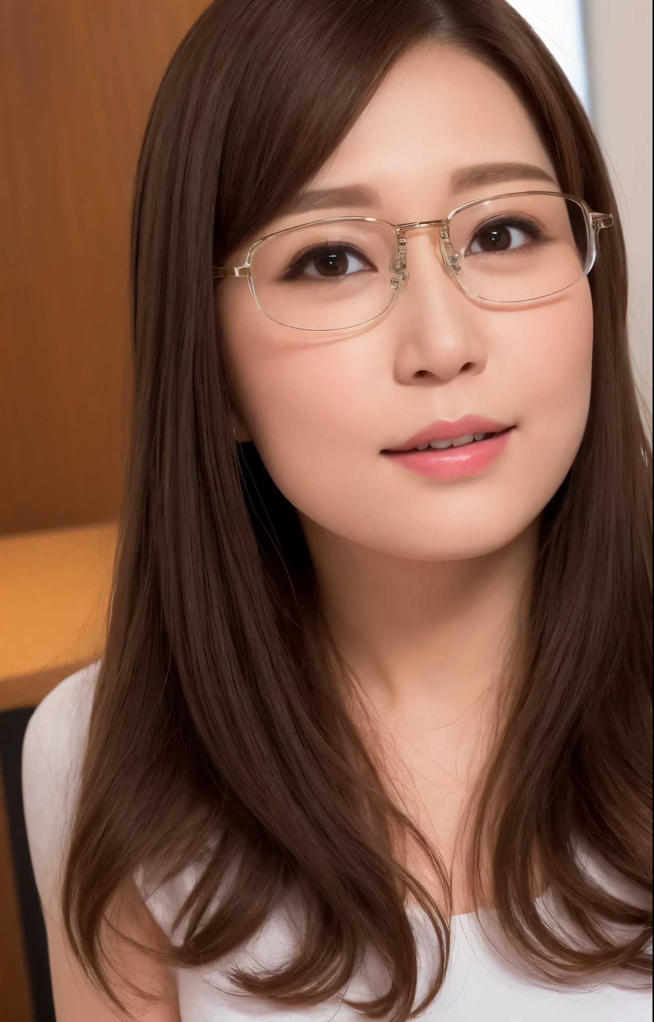 (Best quality, 8k, 32k, Masterpiece, UHD:1.2), from behind, 1 girl, beautiy Japanese office lady, (smile:0.5), (looking at the viewer), 30 years old, bit chubby, white shirt, rimmed glasses, black skirt, office room, desk, detailed beautiful face, pony-tail hair, from below,