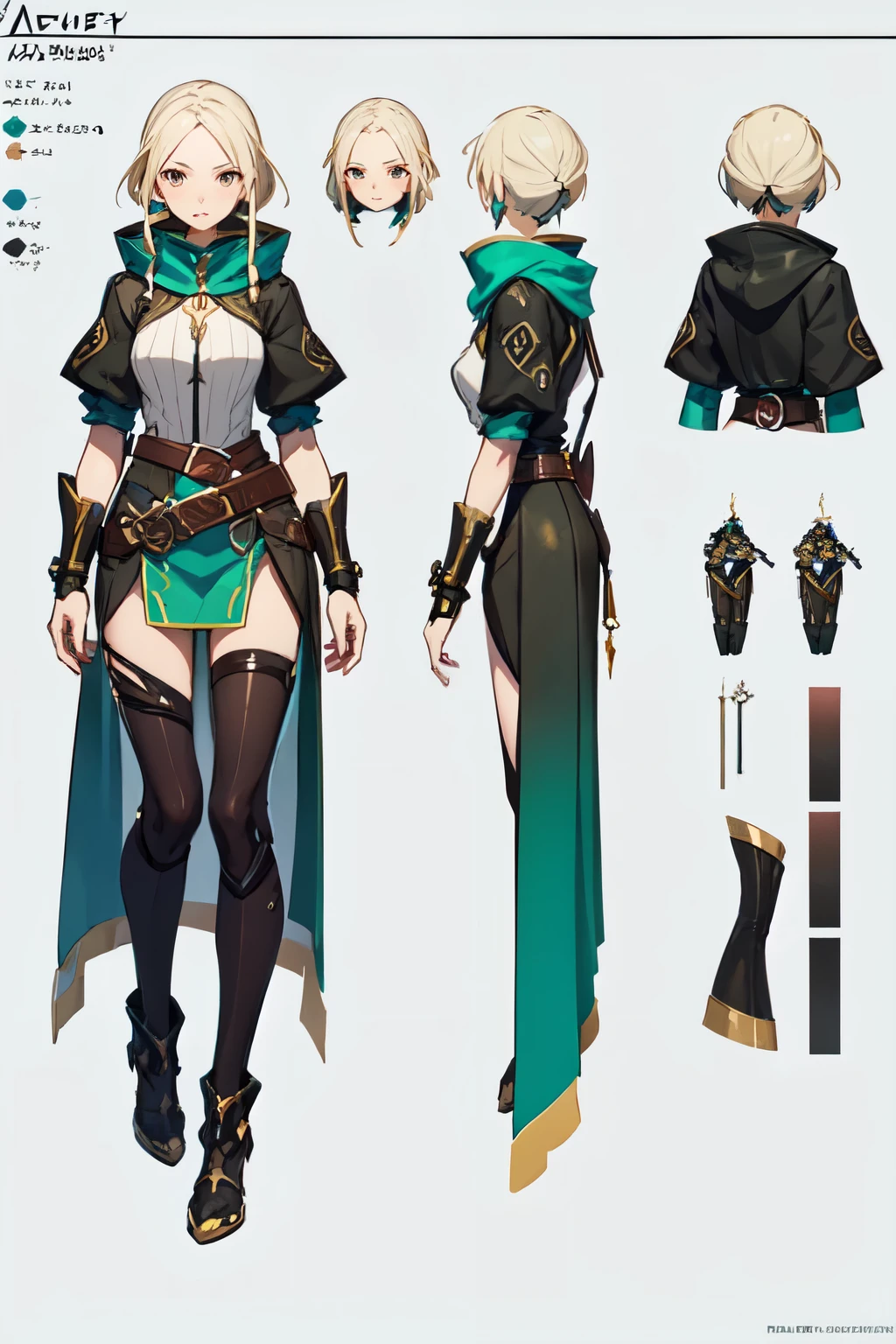 Close-up of a girl in an Archer costume, ((character concept art)), ((character design sheet, same character, front, side, back)) maple story character art, video game character design, video game character design, maple story bow girl, expert high detail concept art, metal bullet concept art, funny character design, Lucio as a woman, gravity rush inspiration, sticky tar. Concept art, belt buckle at waist, steampunk weapon, Archer, Bow, Game, Green