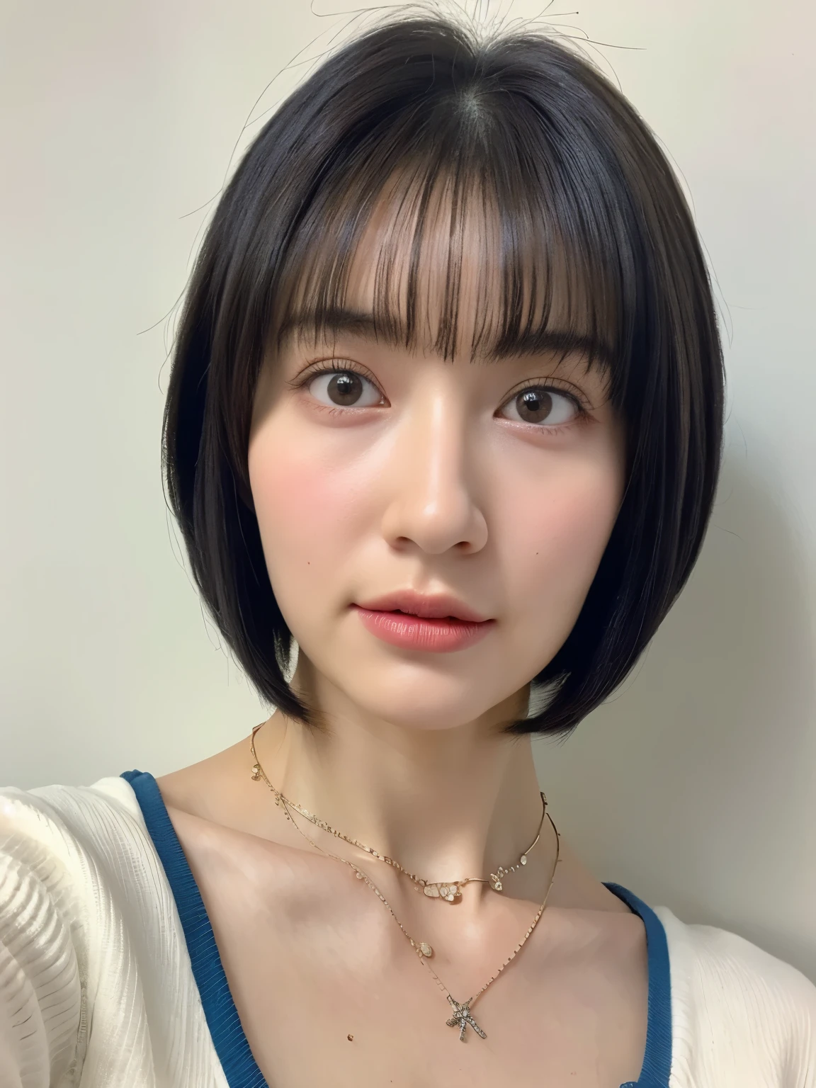 ((highest quality, 8K, masterpiece :1.3)), 1 girl, (medium short hair,Taken in front of a white wall :1.2)、Shot in natural light、pastel cardigan :1.1, Angle from above、super detailed face, fine eyes,(Highly realistic photos, High resolution, detailed face, fine eyes)、japanese woman, 35 years old, Variety of facial expressions, alone:1, different hairstyles, casual clothes, Only one person appears in the photo、long sleeve dress、Shot in natural light、simple necklace、Spring clothes、Don't look at the camera、profile、Dark brown hair color