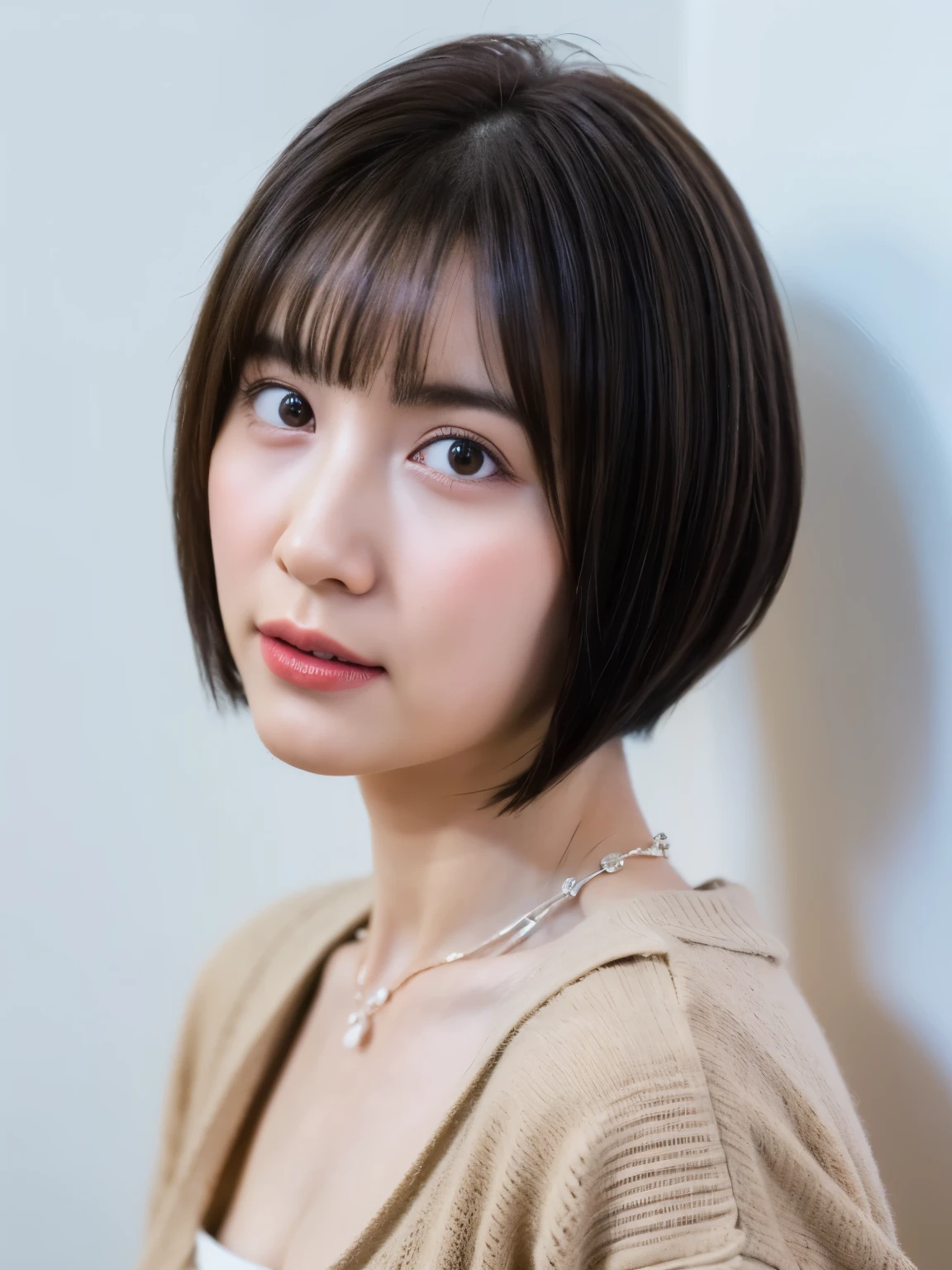 ((highest quality, 8K, masterpiece :1.3)), 1 girl, (medium short hair,Taken in front of a white wall :1.2)、Shot in natural light、pastel cardigan :1.1, Angle from above、super detailed face, fine eyes,(Highly realistic photos, High resolution, detailed face, fine eyes)、japanese woman, 35 years old, Variety of facial expressions, alone:1, different hairstyles, casual clothes, Only one person appears in the photo、long sleeve dress、Shot in natural light、simple necklace、Spring clothes、Don't look at the camera、profile、Dark brown hair color