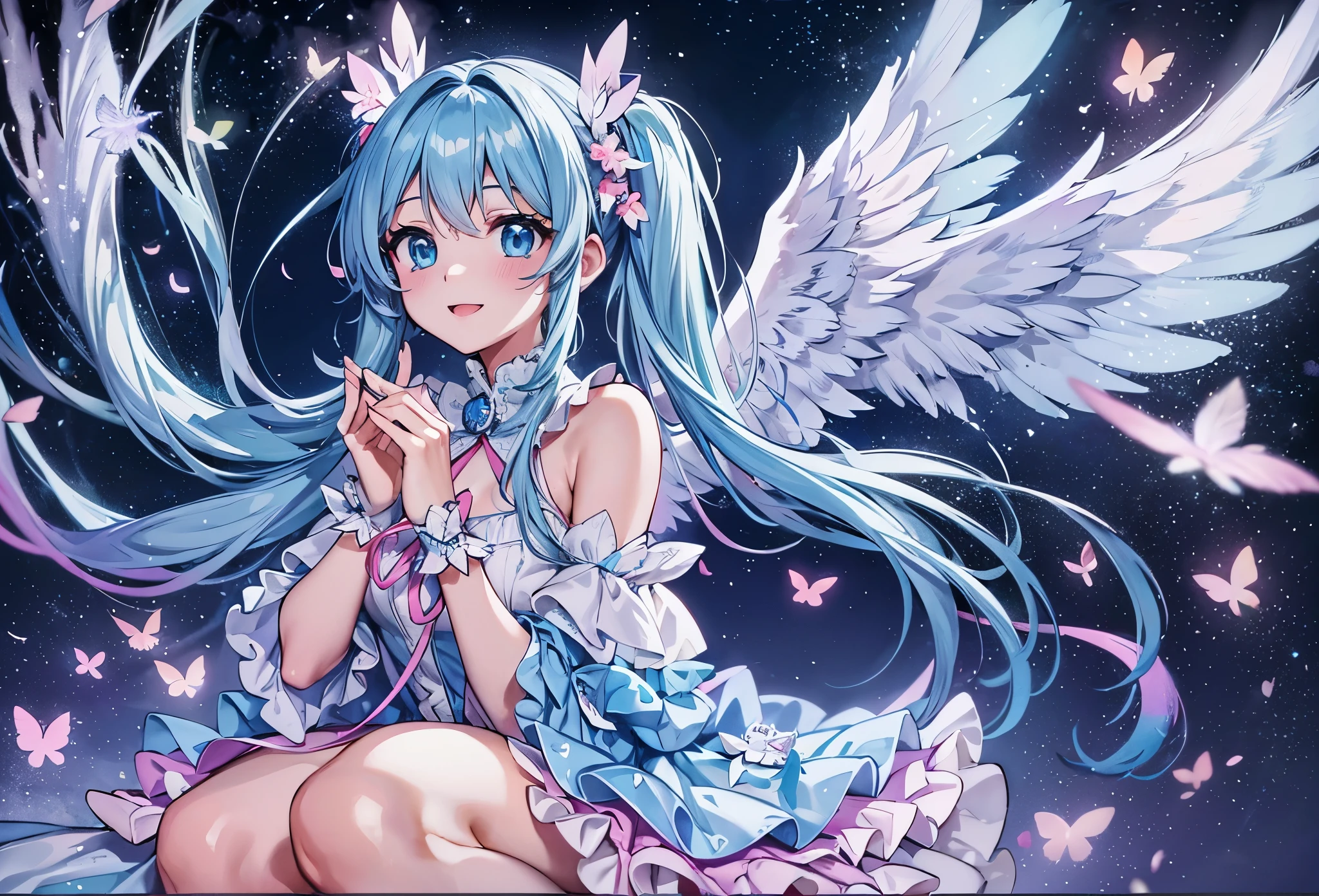Colorful glowing angel wings、pretty girl、adorable smile、light blue long hair、twin tails、colorful angel costume、Pink and white costume ((highest quality))、((masterpiece))、(very detailed、most detailed、official art、beautiful beautiful:1.2)