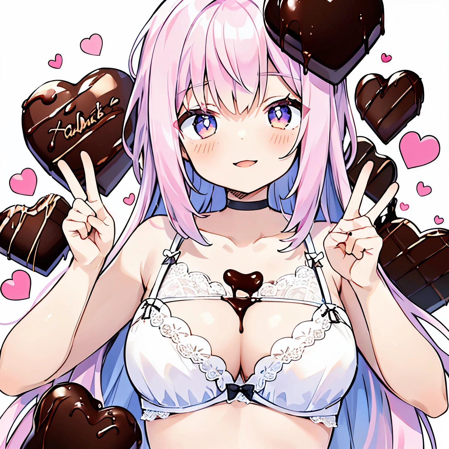 1girl,Valentineš«ćchocolatećšćš«ćwhite skinćsmilećā”ćBra figurećlace lingeriećshiny hair, shiny skin, glowing cut,peace sign