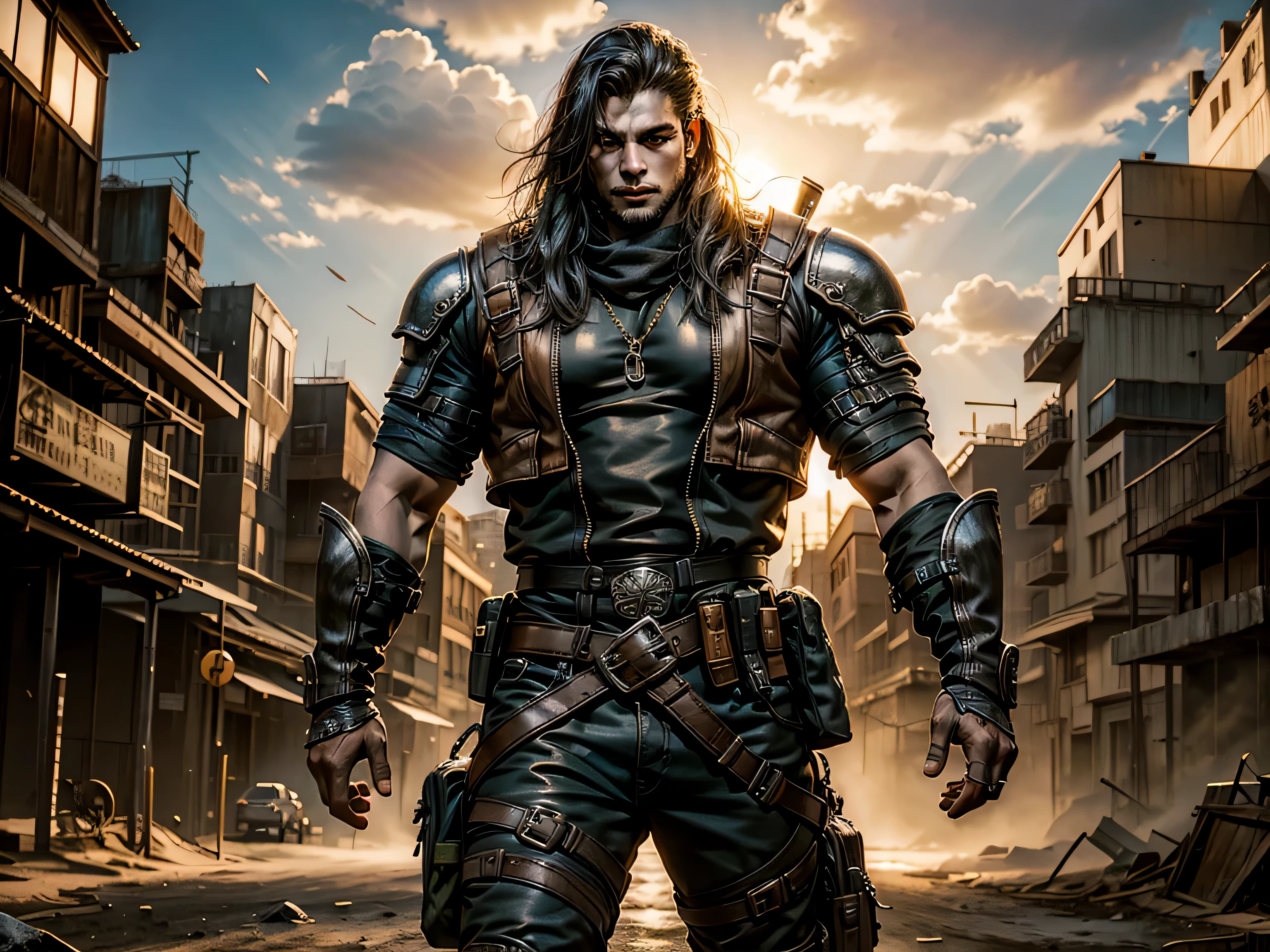 1 hombre guapo y musculoso, post apocalyptic, guerrero, Rostro y cuerpo perfectamente detallados, para la portada de la revista Heavy Metal, dynamic pose, cabello hermoso y detallado, ropa de cuero, Realista, fotorrealista, 8k, Fotos CRUDAS, Calidad premium, obra maestra, epic lighting. de cerca, Imagen centrada