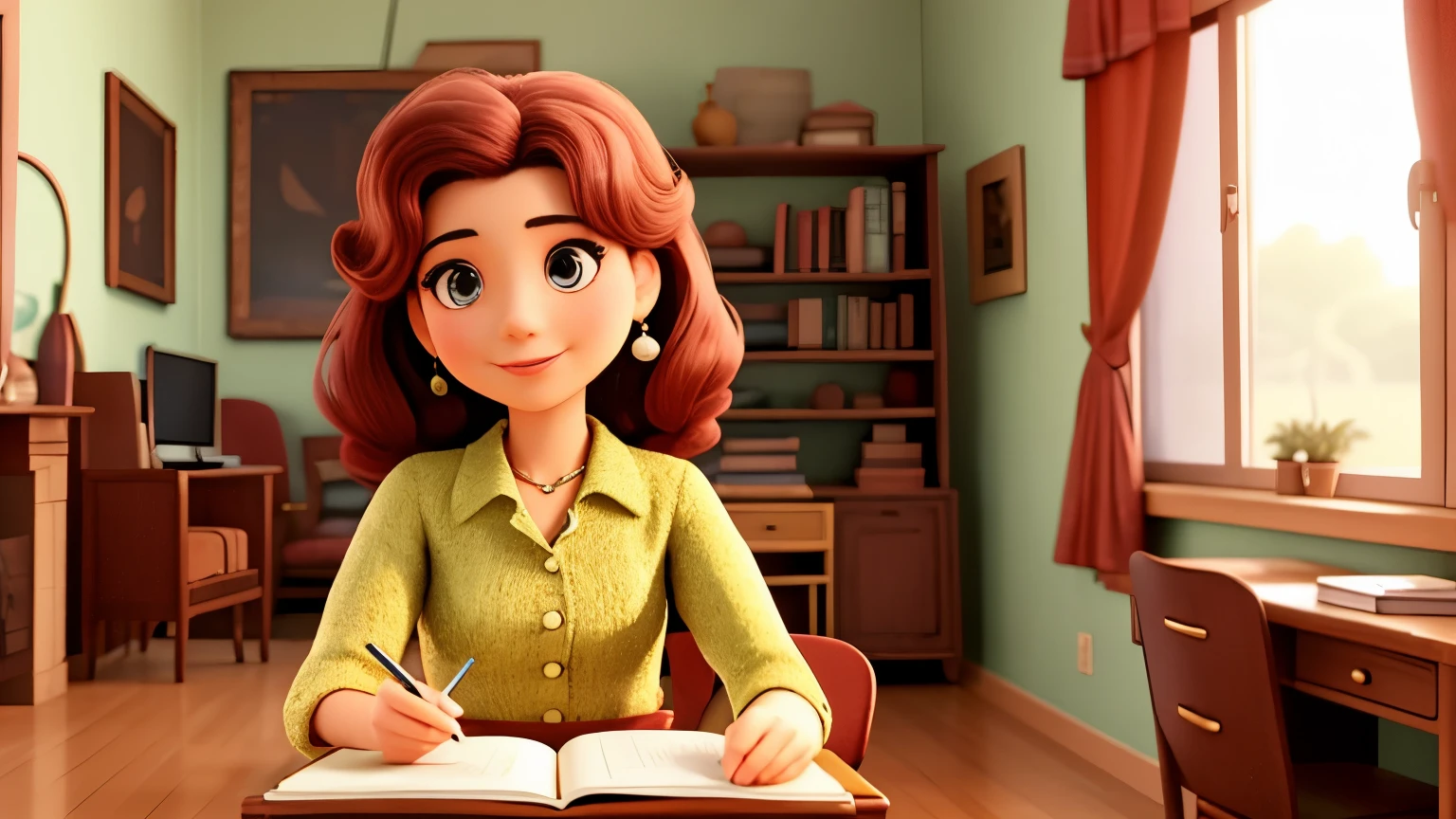 A woman wearing vintage clothes is studying in a room, sentada em frente a uma escrivaninha. The room also has an armchair, um abajur e uma lareira.