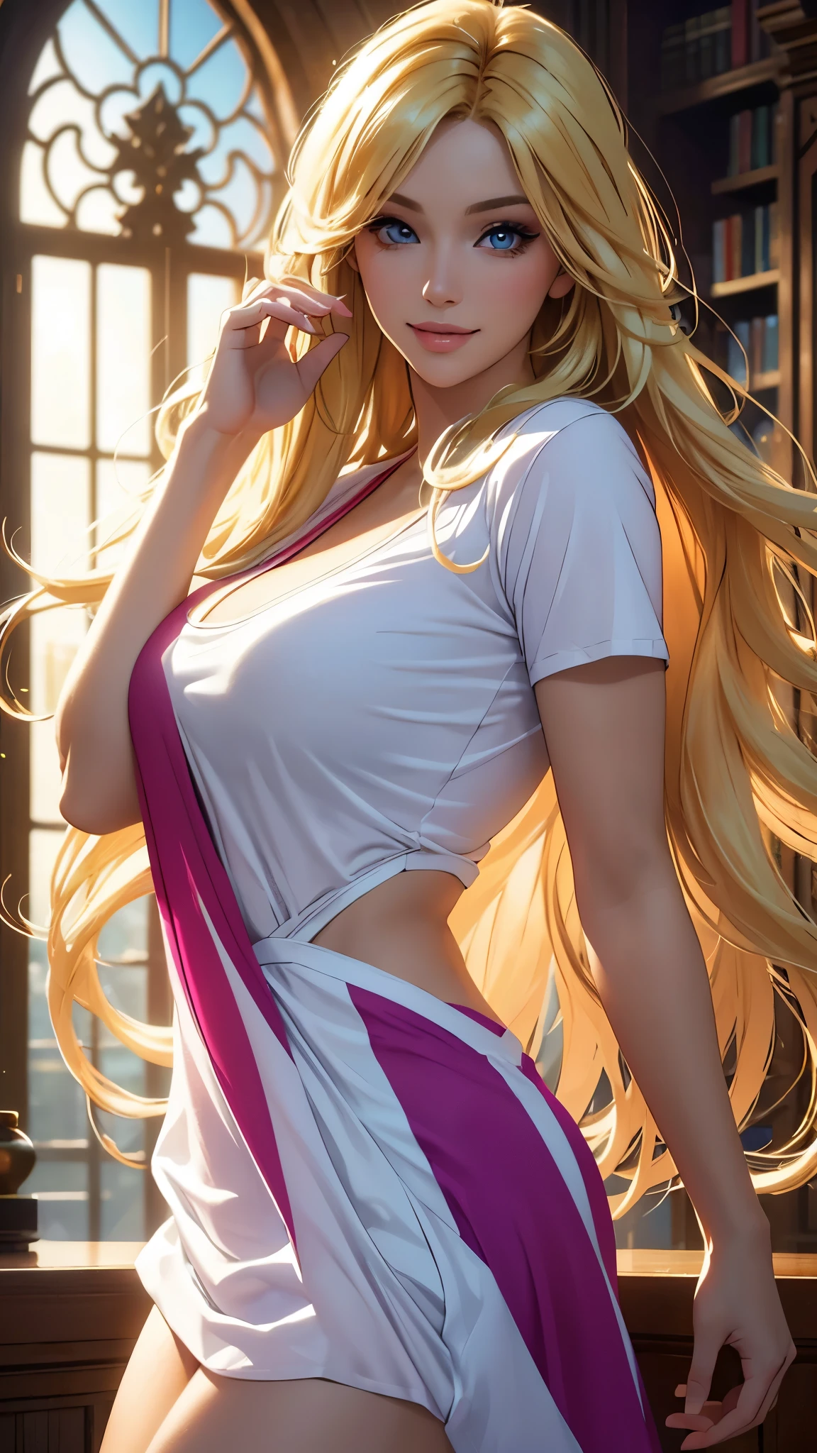 (best quality,ultra-detailed,photo-realistic:1.37),bright and vibrant colors,studio lighting,playful expression,stylish makeup,long blonde hair flowing in the wind,alluring eyes,glossy lips,sexy pose, T-shirts, library, smiling in a confident and seductive way,posing for a professional photoshoot,shallow depth of field,highlighting the main subject,soft natural lighting,creating a dreamy and magical atmosphere.
