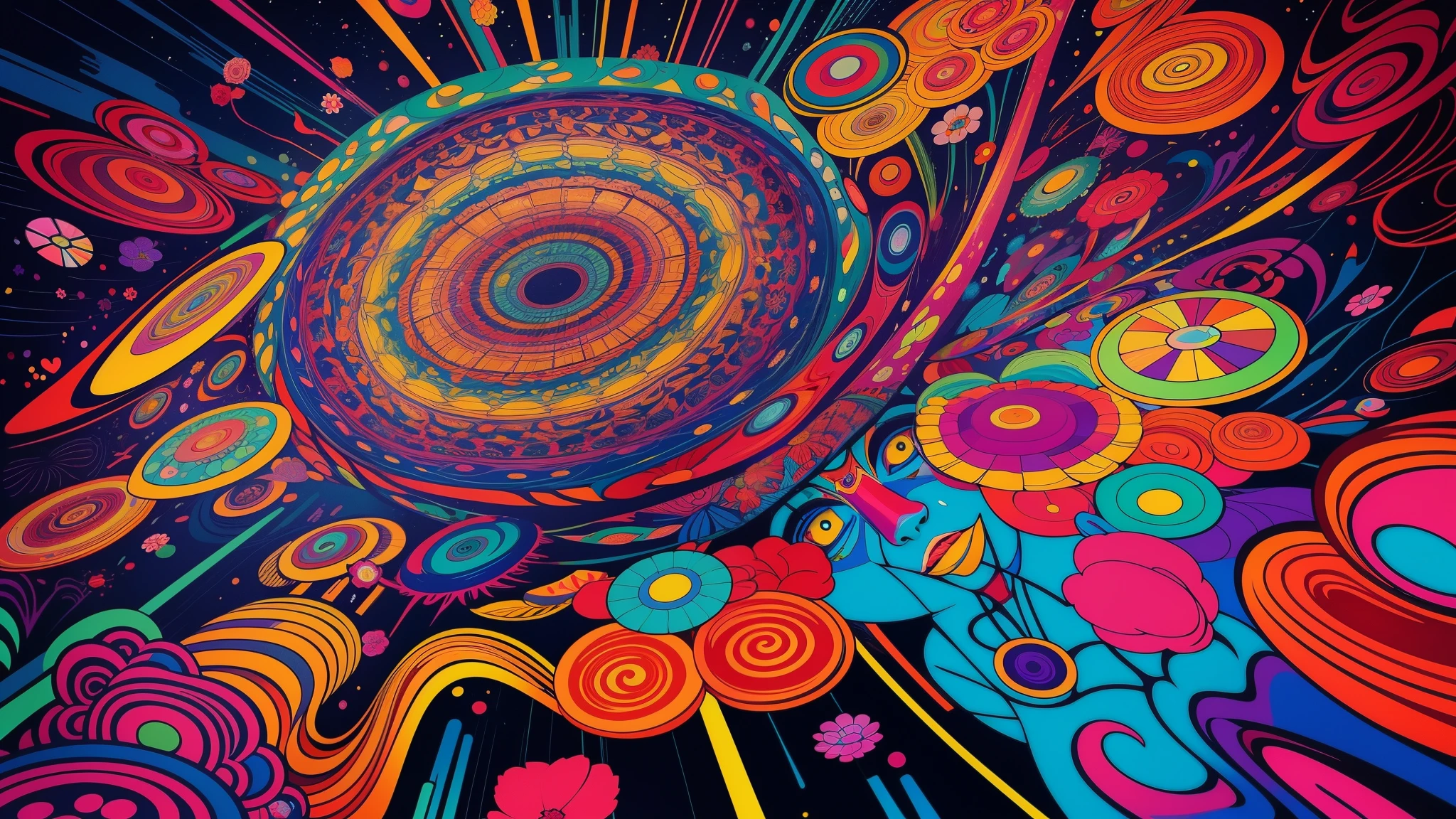 psychedelic art, humano desenhado com flores, arte surreal, Inspired por murakami, victor Ngai, paleta cmyk, psychedelic aesthetic