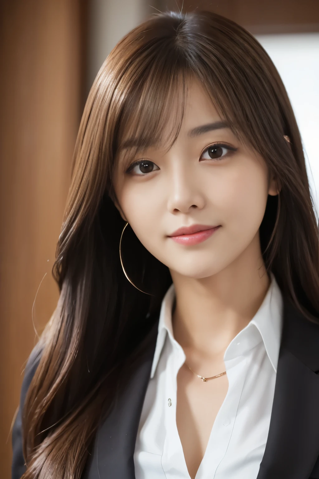 table top、highest quality、genuine、Super detailed、finely、High resolution、8k wallpaper、one beautiful woman、、、light brown disheveled hair、wearing a business suit、sharp focus、perfect dynamic composition、beautiful and detailed eyes、thin hair、詳細なgenuineな肌の質感、smile、close-up portrait、model body shape
