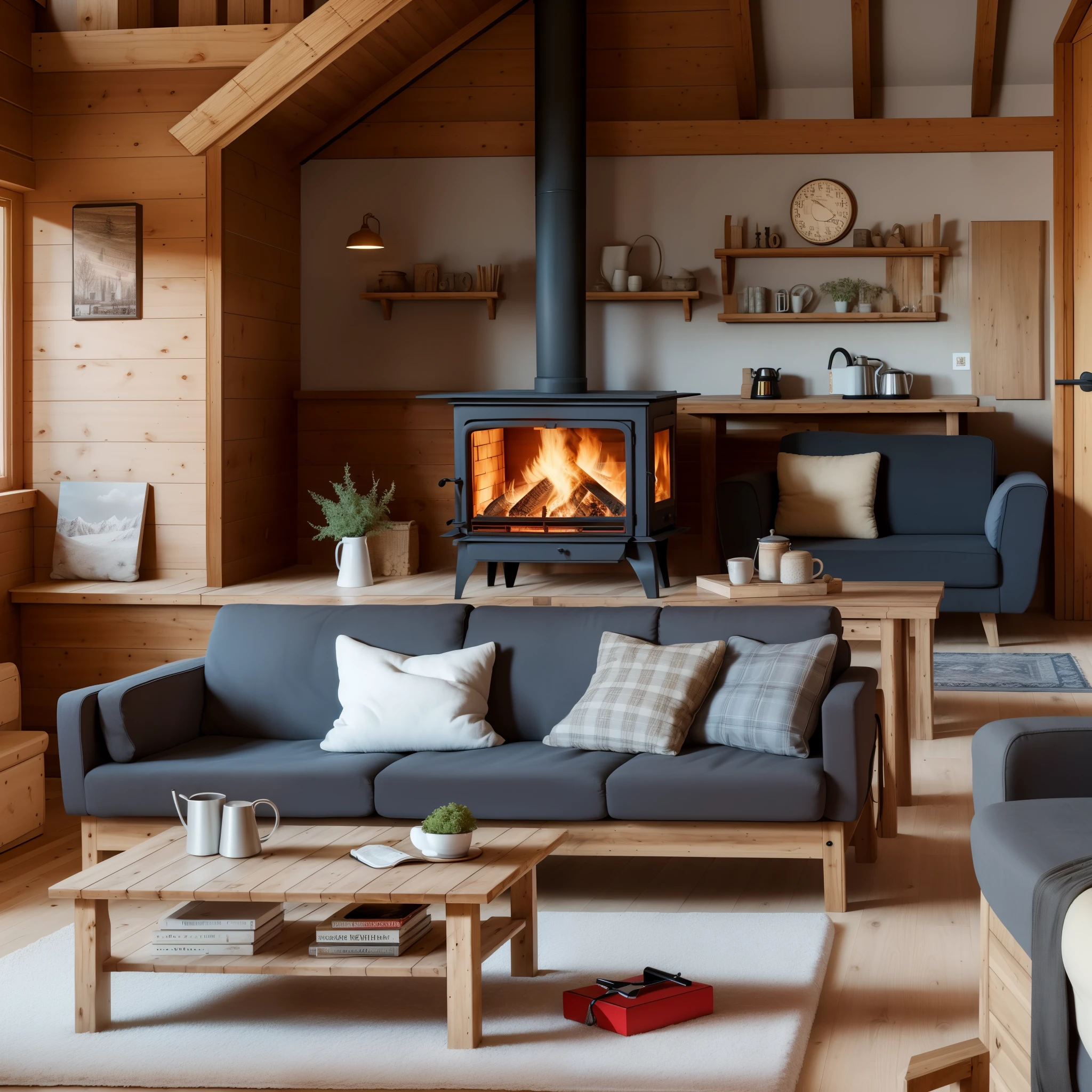 ((realistic)) wooden chalet, Wood stove, sofa, Cozy décor, coffee table, blanket next to sofa