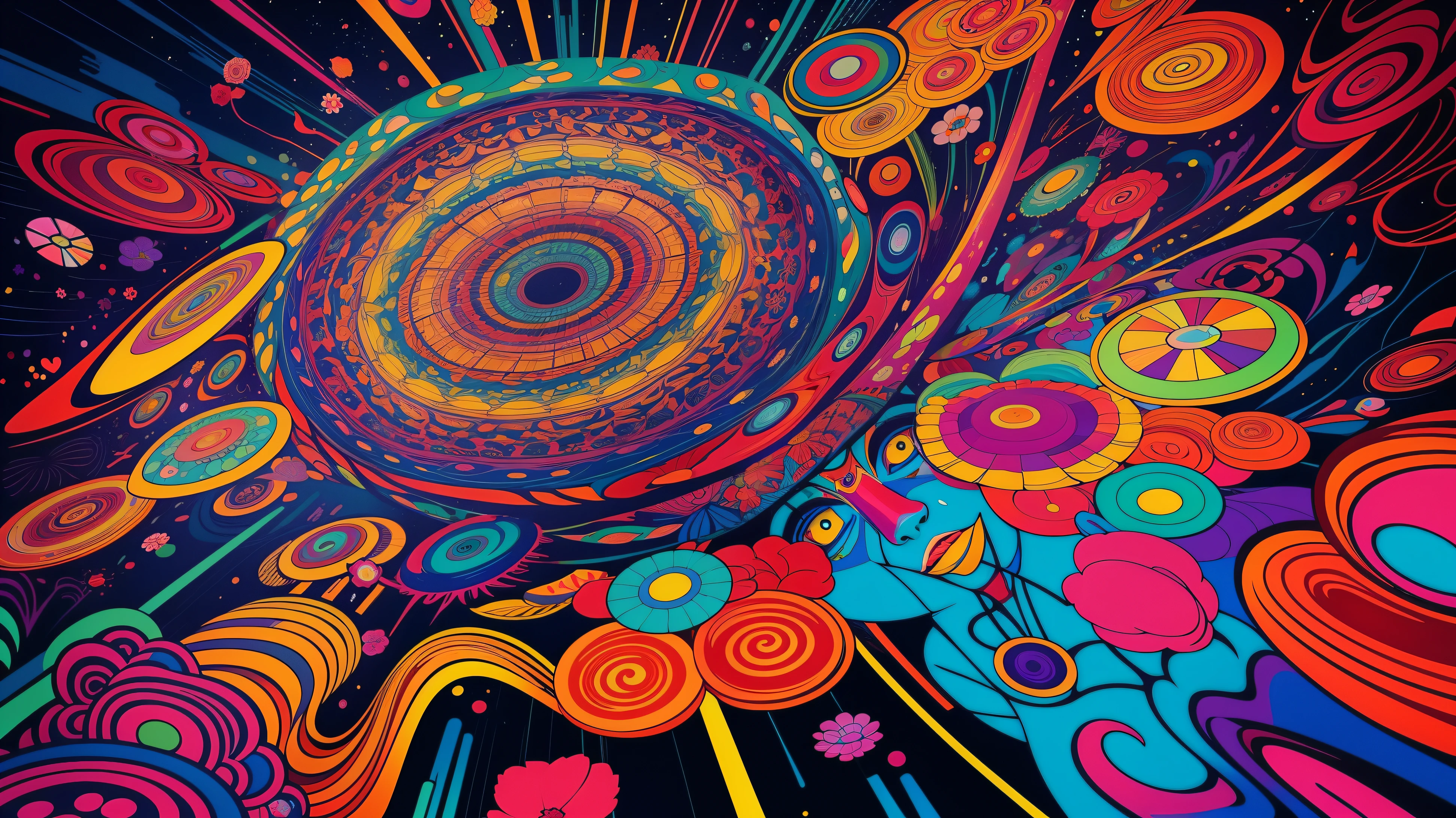 psychedelic art, humano desenhado com flores, arte surreal, Inspired por murakami, victor Ngai, paleta cmyk, psychedelic aesthetic
