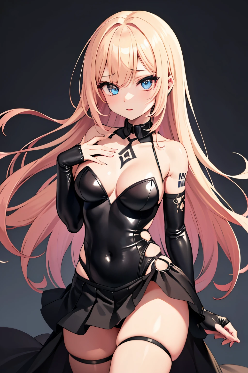 1girl, anime, cute girl, blank background, white background, fantasy, detailed fantasy dress with highlights, beautiful face, beautiful eyes, dark colors, pink hair with some streaks of blue strands, different color pupil in eye, medium small breasts (slightly big), slight cleavage, beautiful skin, cute, breast curtains, extremely delicate and beautiful, (beautiful detailed face:1.0), (detailed deep eyes), symmetrical breasts, deep eyes, shiny skin, portrait, slender waist, hips wider than shoulders, thighs, expressionless, young girl, luminous eyes, adorable，（Kpop idol）,（aegyo sal：1），（Platinum blonde hair：1），（（puffy eye）），Black panty，sexy posture，Superskirt, 超高分辨率，Black collar，slim figure, Abdominal y tattoo，Tight-fitting leg ring，y tattoo on half-body，Bare skin, Armored hand，Hidden fingertips，Hand covered，Arm covered，Fist covered,{{beautiful detailed fingers}}, tufts of hair, 