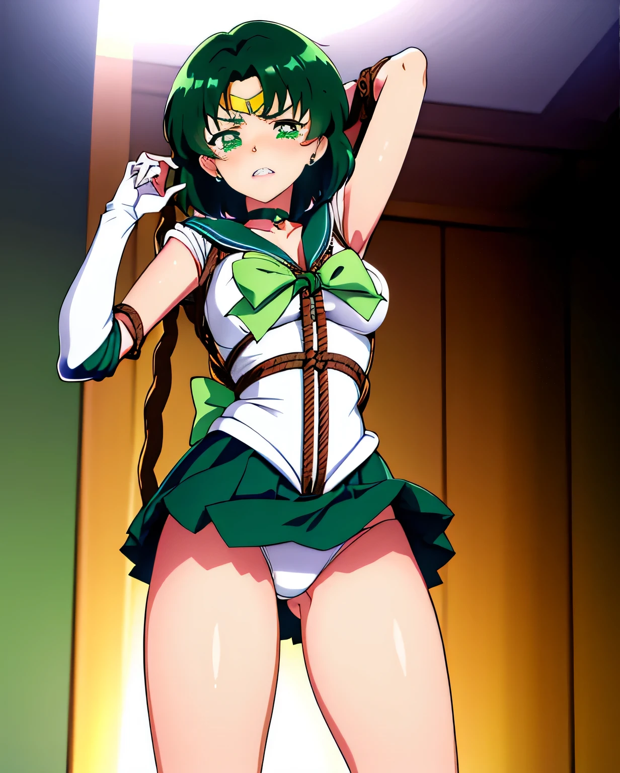 See more1,SAILOR OUTFIT,anime one,official art,(cowboy shot:1.3),(Day), classroom,(From the bottom,sealed:1.3), (Cute Sailor Senshi Uniform Costume, cute super short box_pleats_mini skirt ,sexy white frilled panties,Sexy bare thighs:1.2),(standing split legs,I_balanced:1.5), (panty shot:1.2),slender body,thin body,green_hair,green eyes,short_hair, (Rope shibari on clothes:1.4),arm behind head, green sailor collar, bow, knee boots, choker, white gloves, green choker, elbow gloves, jewelry, earrings, green skirt,
1 girl, 18-year-old,young woman,beautiful Finger,beautiful long legs,beautiful body,beautiful Nose,beautiful character design, perfect eyes, perfect face,
(frown,shame,shameずかしい,anger,troubled eyebrows,Are crying,I opened my eyes firmly, closed mouth,grit your teeth,full face blushing,:1.2),(beautiful,Moderately_chest,natural pointy :1.2), (beautiful_face:1.5),(narrow_waist),panties,camel toe, erotic,
NSFW,Highly detailed CG Unity 8K wallpaper, perfect lighting,colorful, bright_front_face_lit,
(masterpiece:1.0),(Highest_quality:1.0), 超High resolution,4K,Super detailed,
photograph, 8K, HDR, High resolution, confused:1.2, kodak portrait 400, film grain, blurred background, Bokeh:1.2, Lens flare, (vibrant_color:1.2),